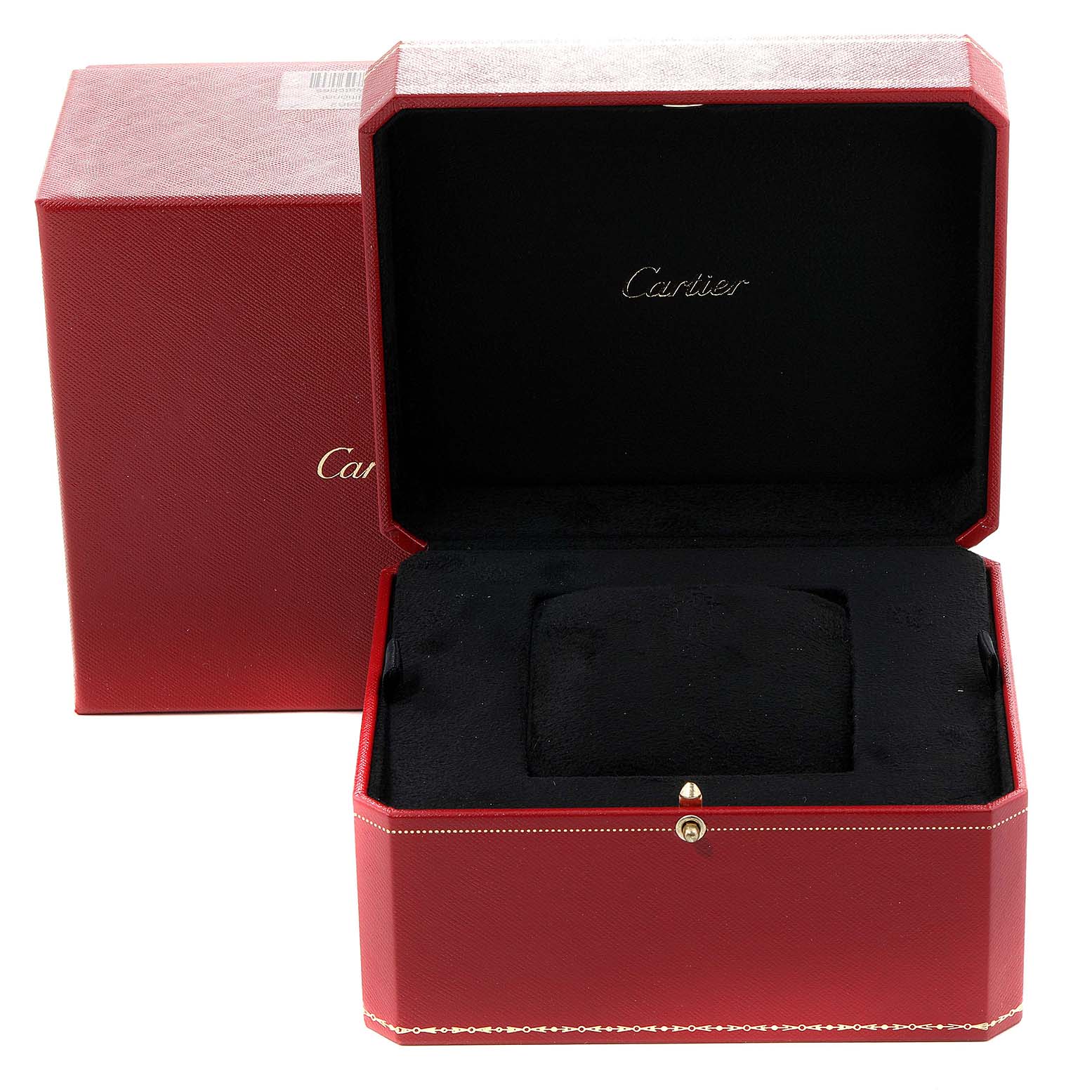 This image shows an open red Cartier box, likely for the Tank Francaise model, with a cushion inside.