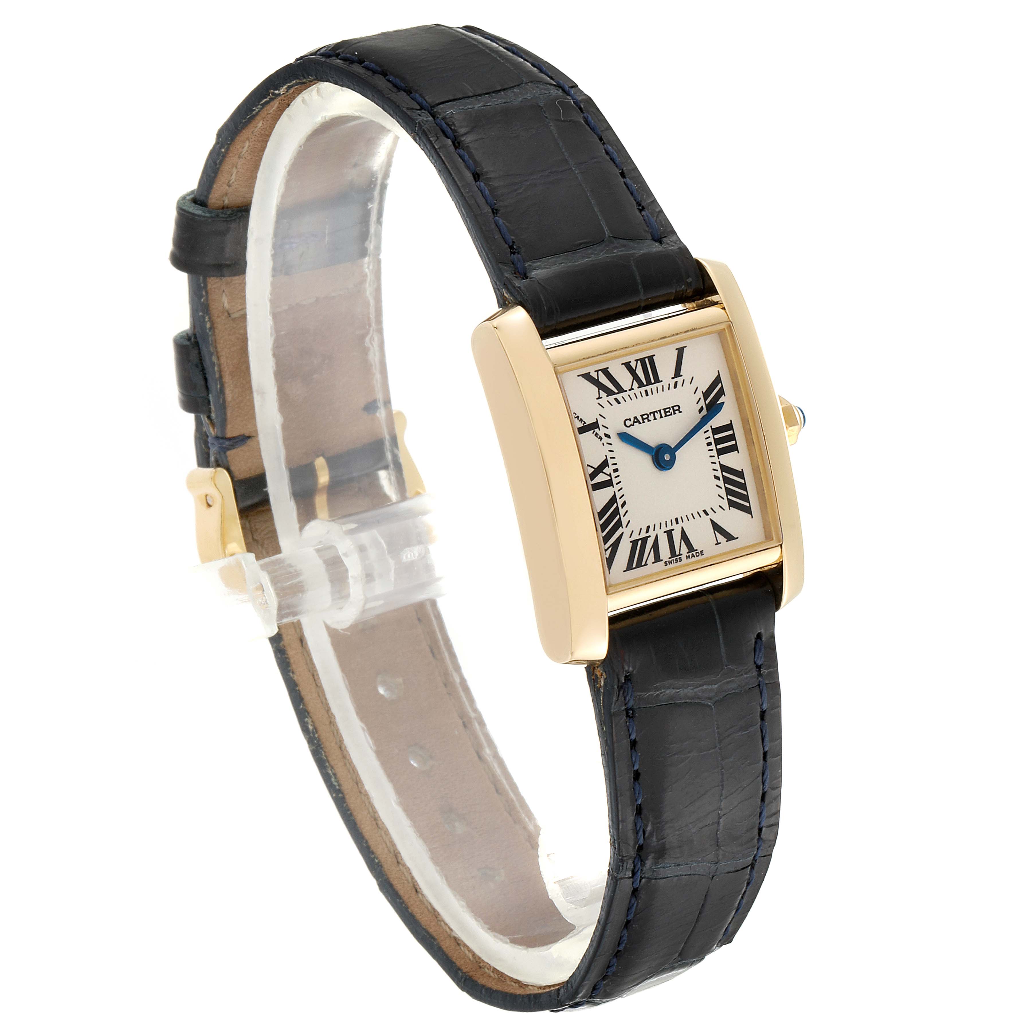 The image shows a Cartier Tank Francaise W5000256 Women's Yellow Gold Silver Dial W5000256 Women's Yellow Gold Silver Dial watch featuring a rectangular face, Roman numerals, and a black leather strap, viewed at a three-quarter angle.