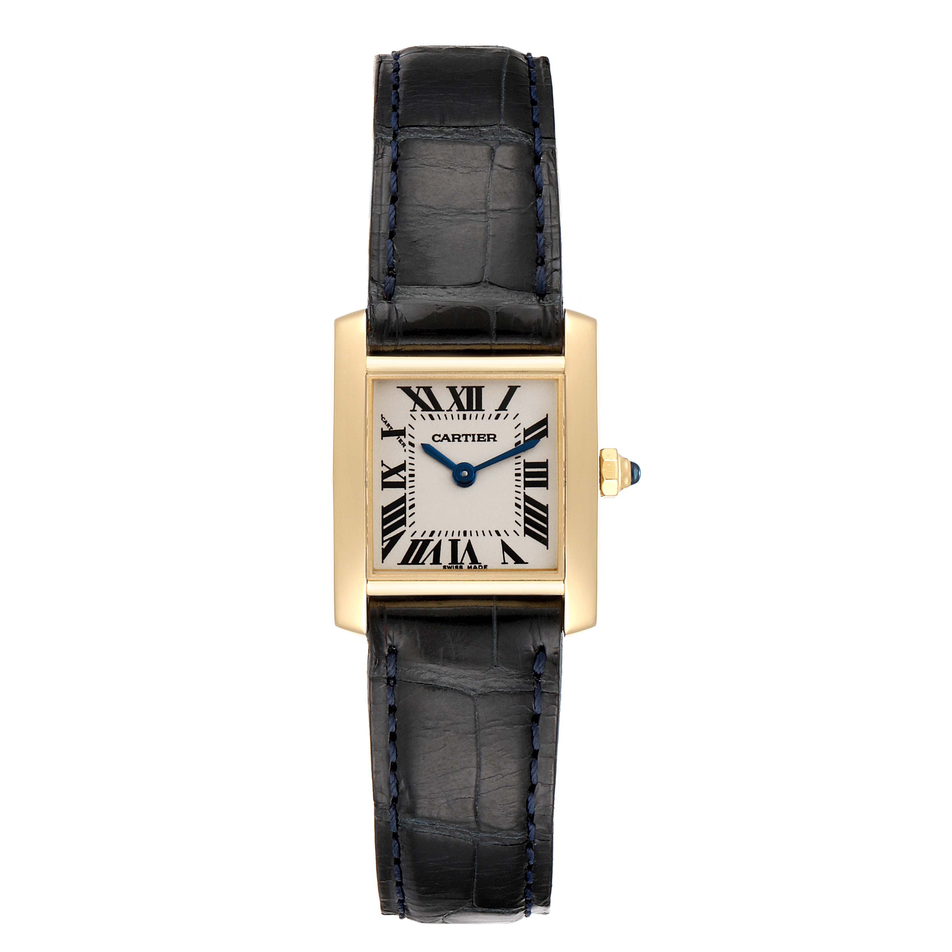 The Cartier Tank Francaise W5000256 Women's Yellow Gold Silver Dial W5000256 Women's Yellow Gold Silver Dial watch is shown from a front angle, highlighting its rectangular case and black leather strap.