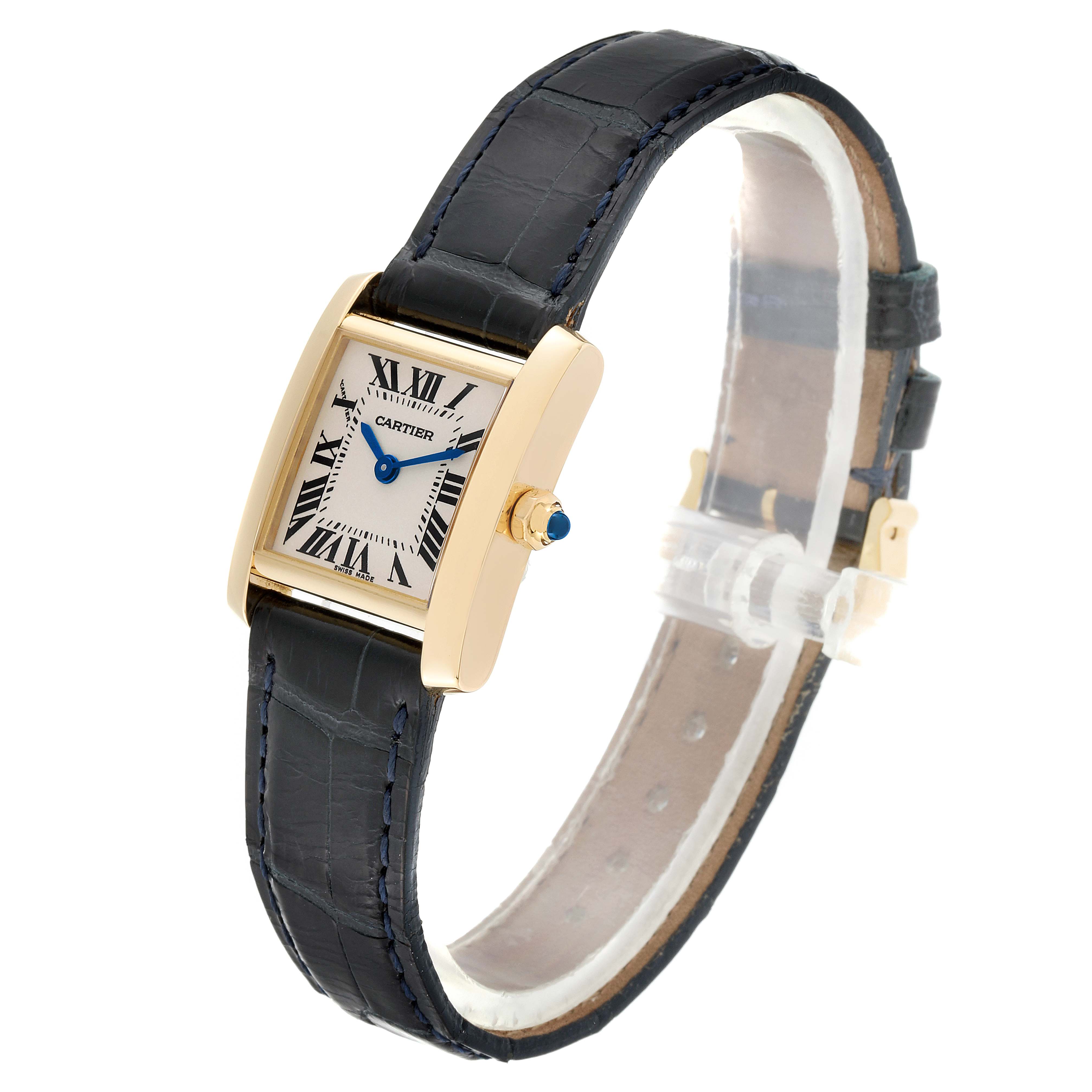 The image shows the Cartier Tank Francaise W5000256 Women's Yellow Gold Silver Dial W5000256 Women's Yellow Gold Silver Dial watch at a three-quarter angle highlighting its rectangular dial and black leather strap.