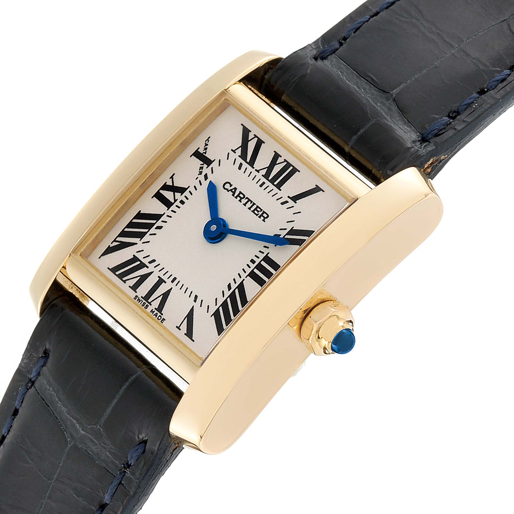 The Cartier Tank Francaise W5000256 Women's Yellow Gold Silver Dial W5000256 Women's Yellow Gold Silver Dial watch is shown at an angled close-up displaying the dial, blue hands, Roman numerals, crown, and part of the strap.