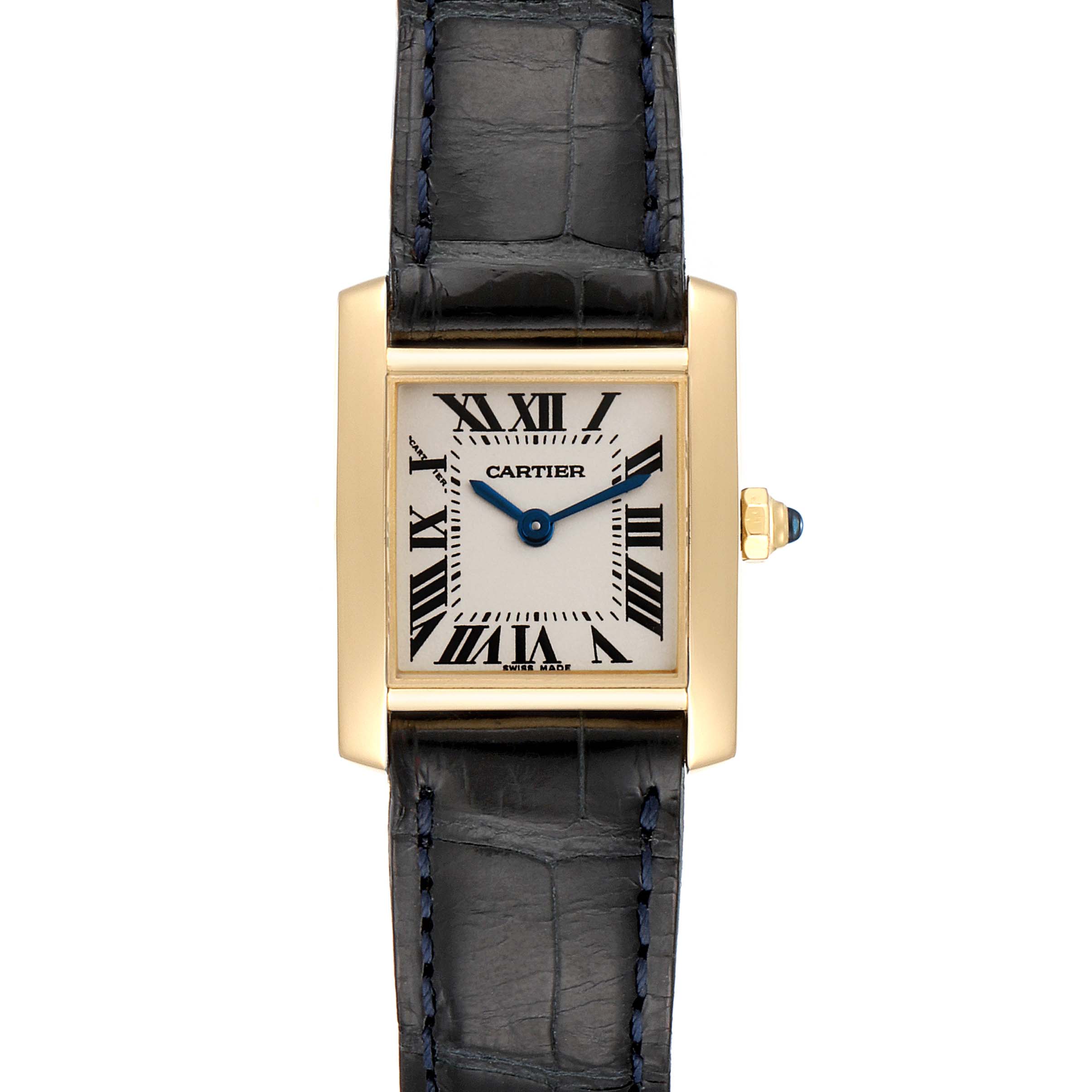 This image shows a Tank Francaise watch by Cartier with a gold case, Roman numeral dial, blue hands, and a black leather strap.