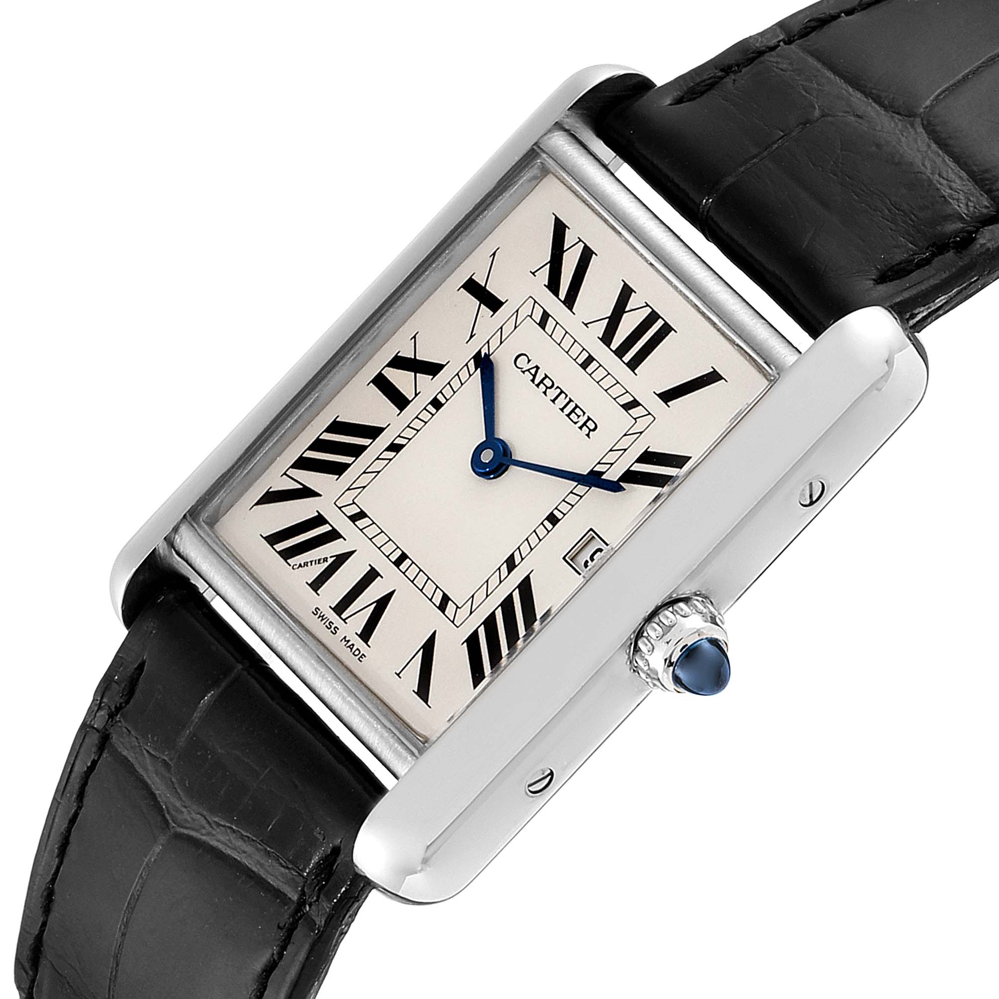 The image shows a Cartier Tank Louis W1540956 Men's White Gold Silver Dial W1540956 Men's White Gold Silver Dial model watch from a top-down angle, displaying its rectangular dial, roman numerals, and black leather strap.