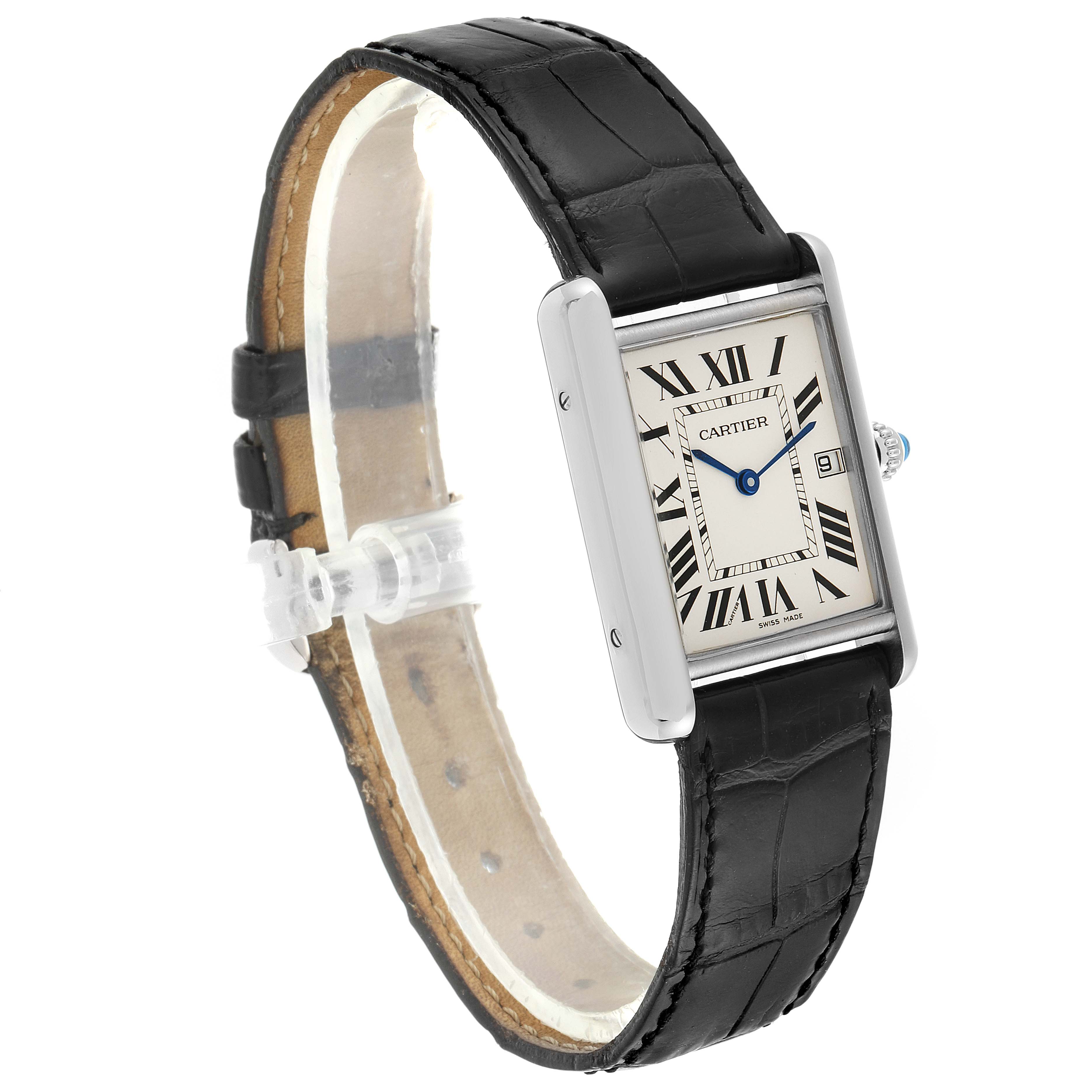 The Cartier Tank Louis W1540956 Men's White Gold Silver Dial W1540956 Men's White Gold Silver Dial watch is shown at an angle highlighting its rectangular face, black leather strap, and Roman numeral dial.