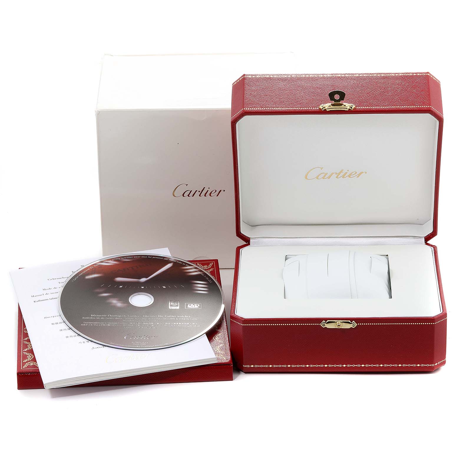 This image shows an open Cartier Tank Louis W1540956 Men's White Gold Silver Dial W1540956 Men's White Gold Silver Dial watch box with a CD, booklet, and warranty card.