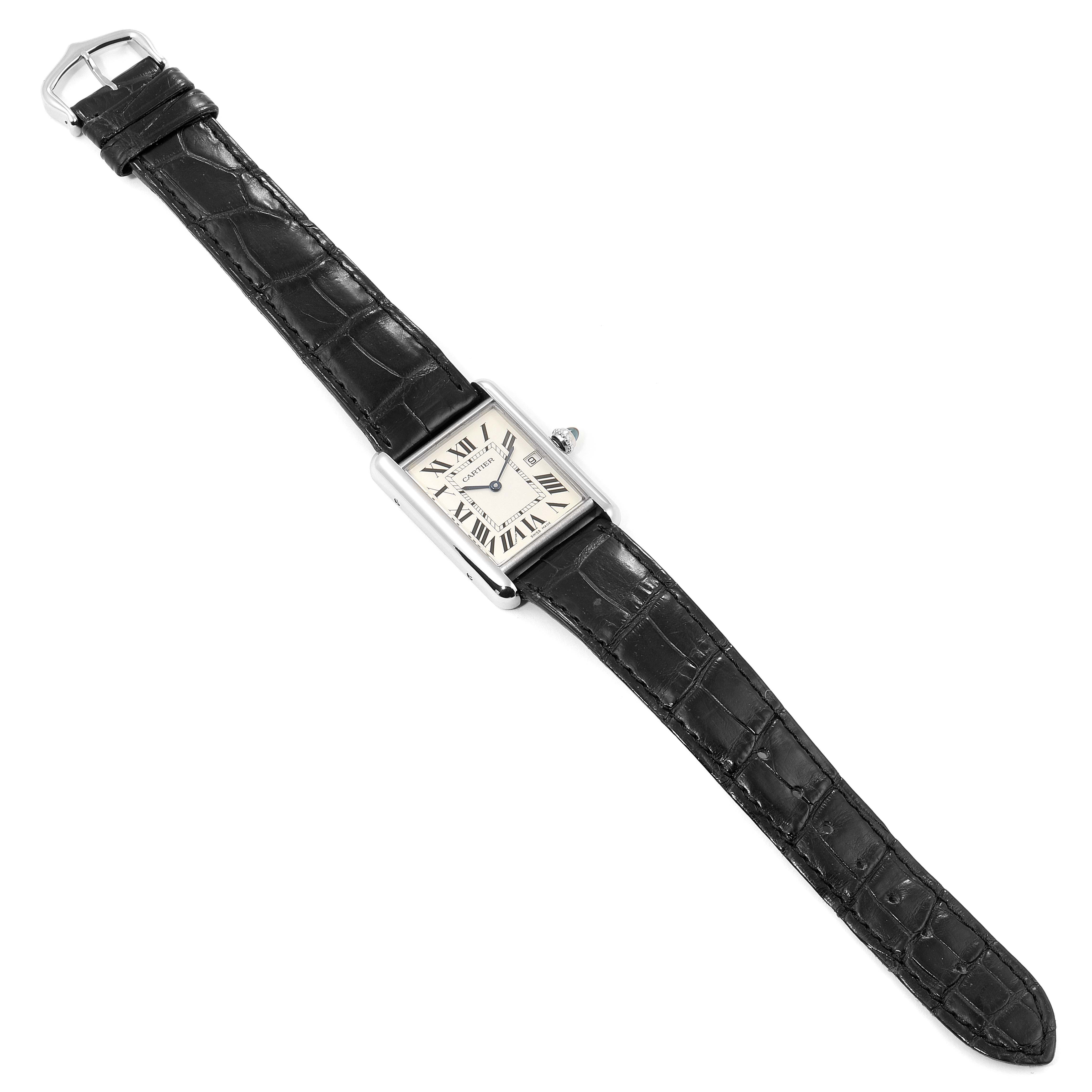 The image shows a Cartier Tank Louis W1540956 Men's White Gold Silver Dial W1540956 Men's White Gold Silver Dial watch at a diagonal angle, displaying its rectangular face and black leather strap.