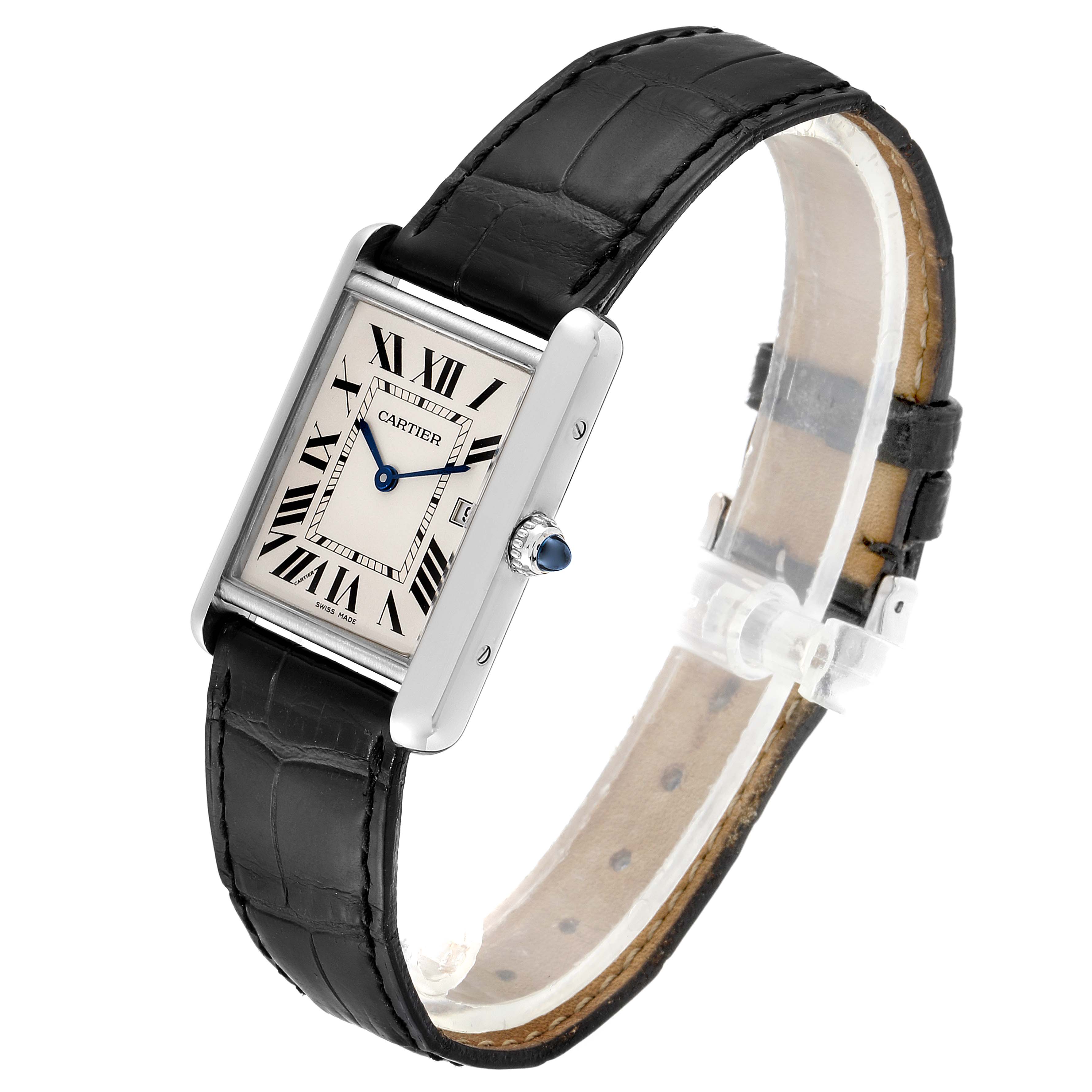 The Cartier Tank Louis W1540956 Men's White Gold Silver Dial W1540956 Men's White Gold Silver Dial model watch is shown at an angle, displaying the face, case, and black leather strap.