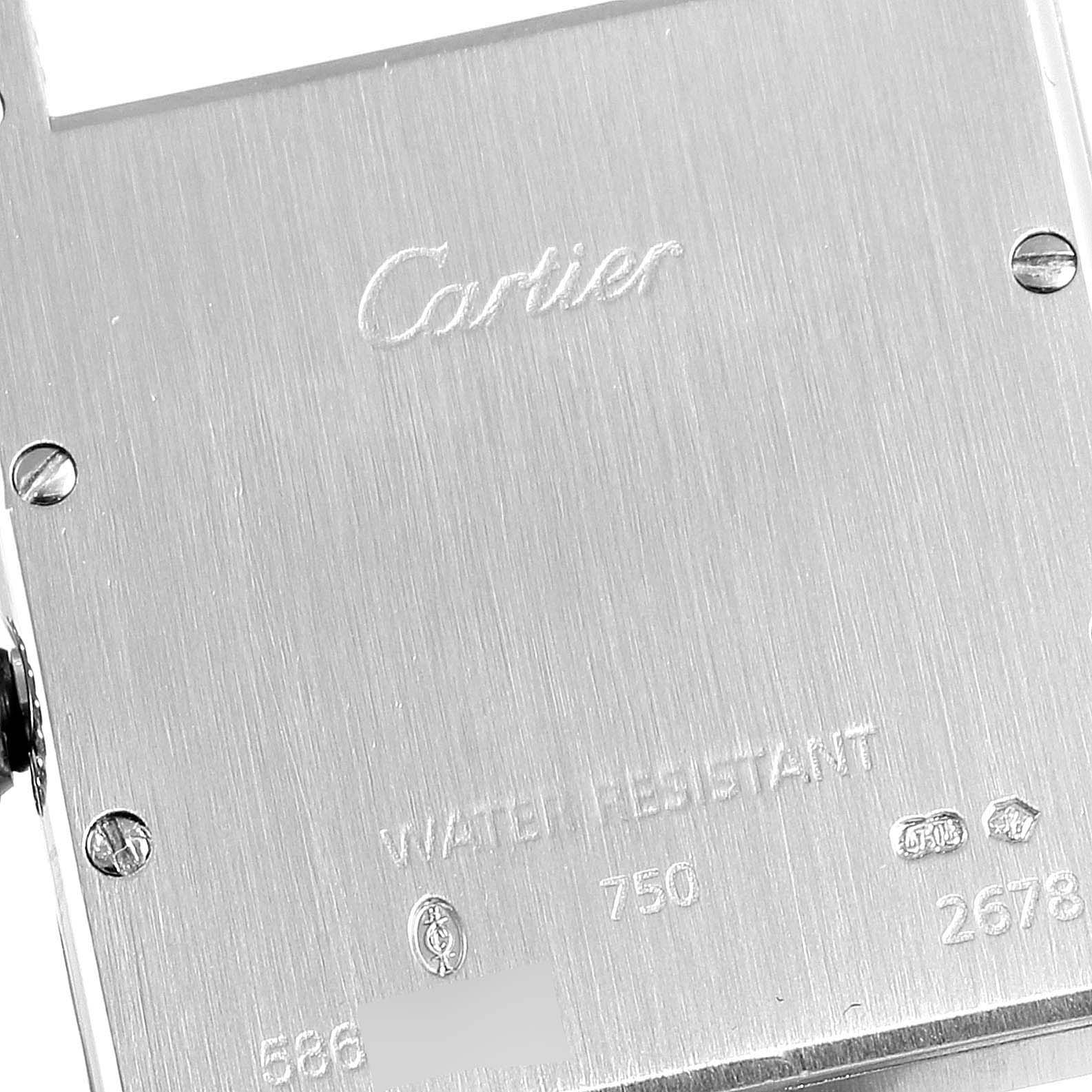 This image shows the back case of a Cartier Tank Louis W1540956 Men's White Gold Silver Dial W1540956 Men's White Gold Silver Dial watch, displaying the brand engraving and model inscriptions.