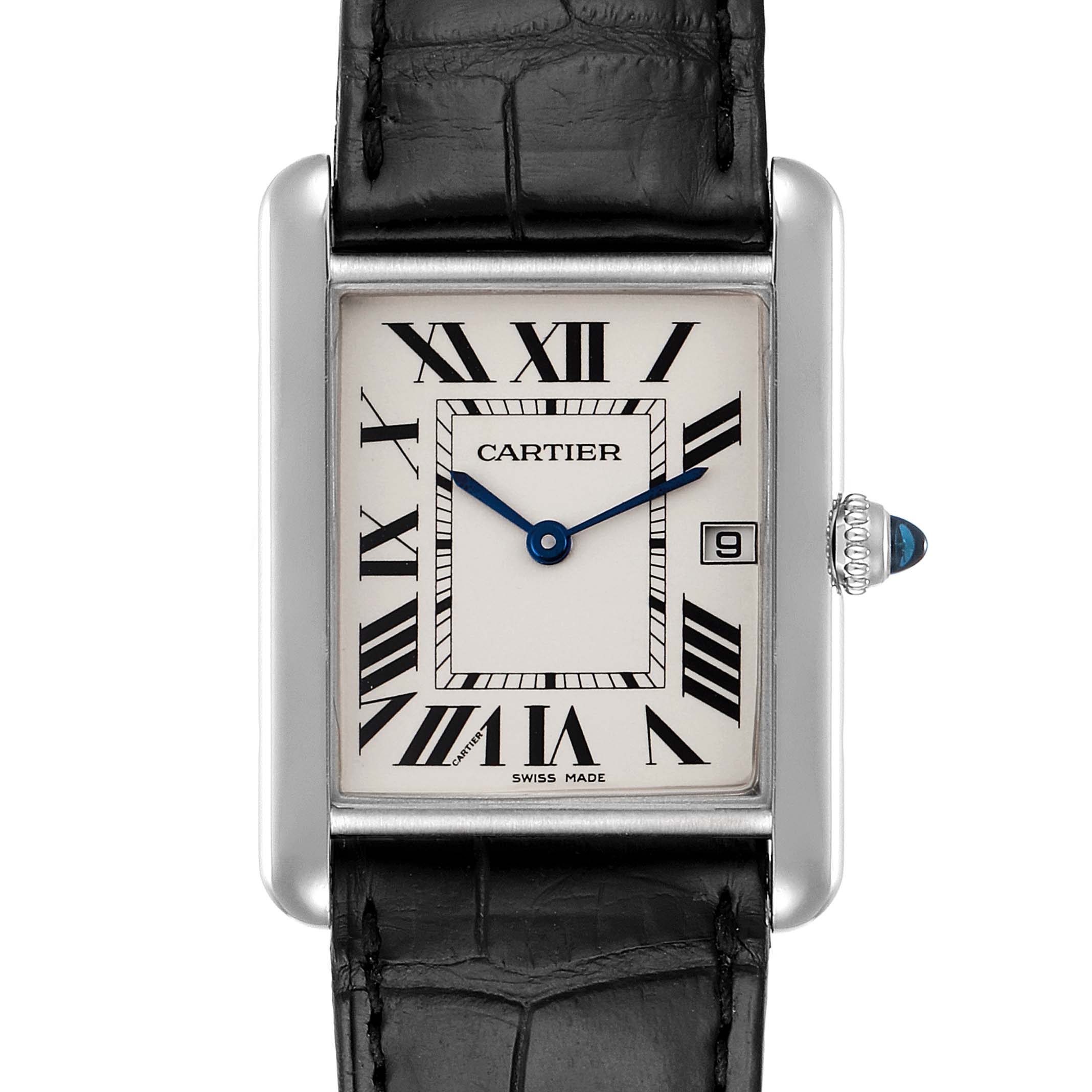 This image shows a front view of a Cartier Tank Louis W1540956 Men's White Gold Silver Dial W1540956 Men's White Gold Silver Dial model watch, featuring its dial, Roman numerals, and leather strap.