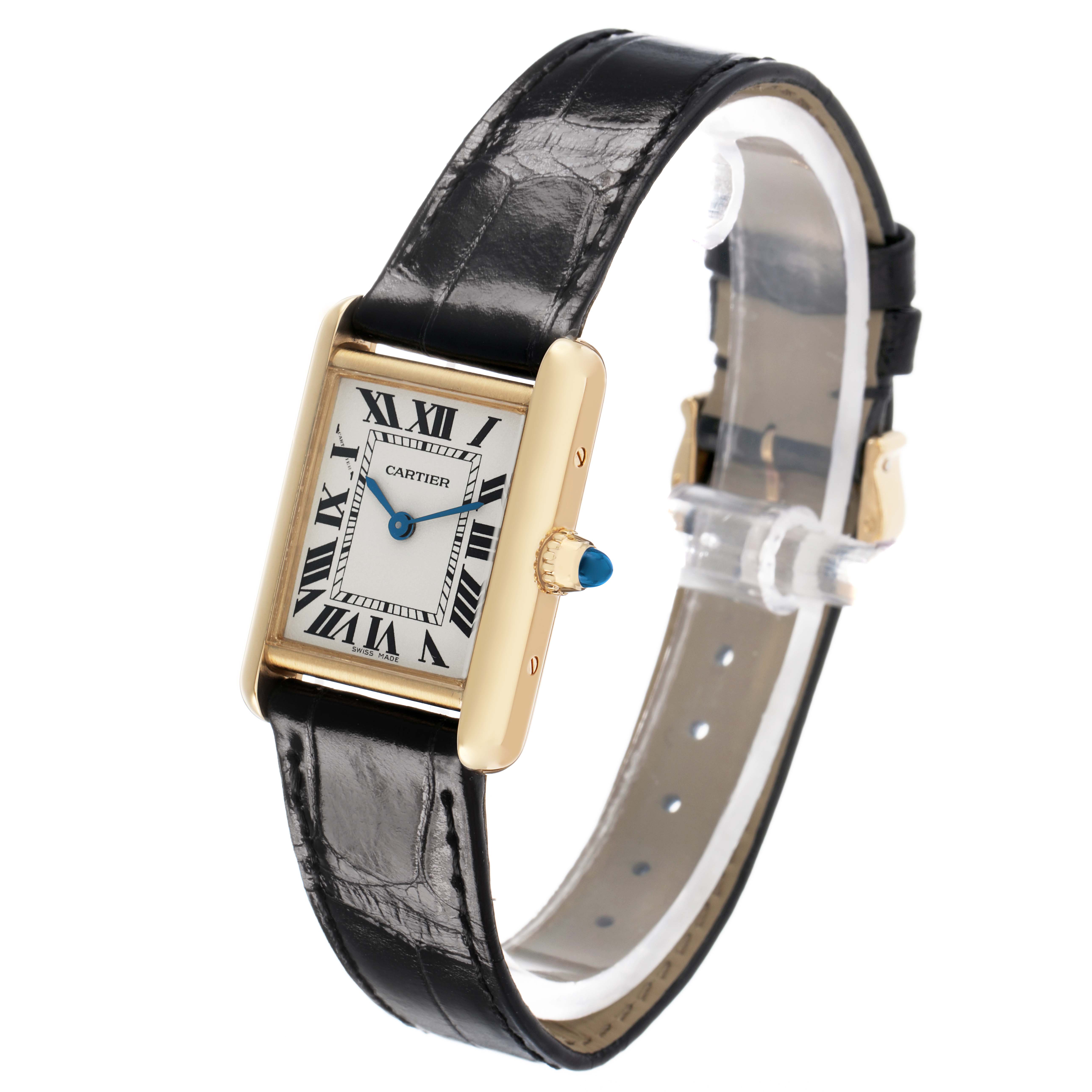 The Cartier Tank Louis W1529856 Women's Yellow Gold Silver Dial watch is shown at a three-quarter angle, displaying the face, crown, and leather strap.