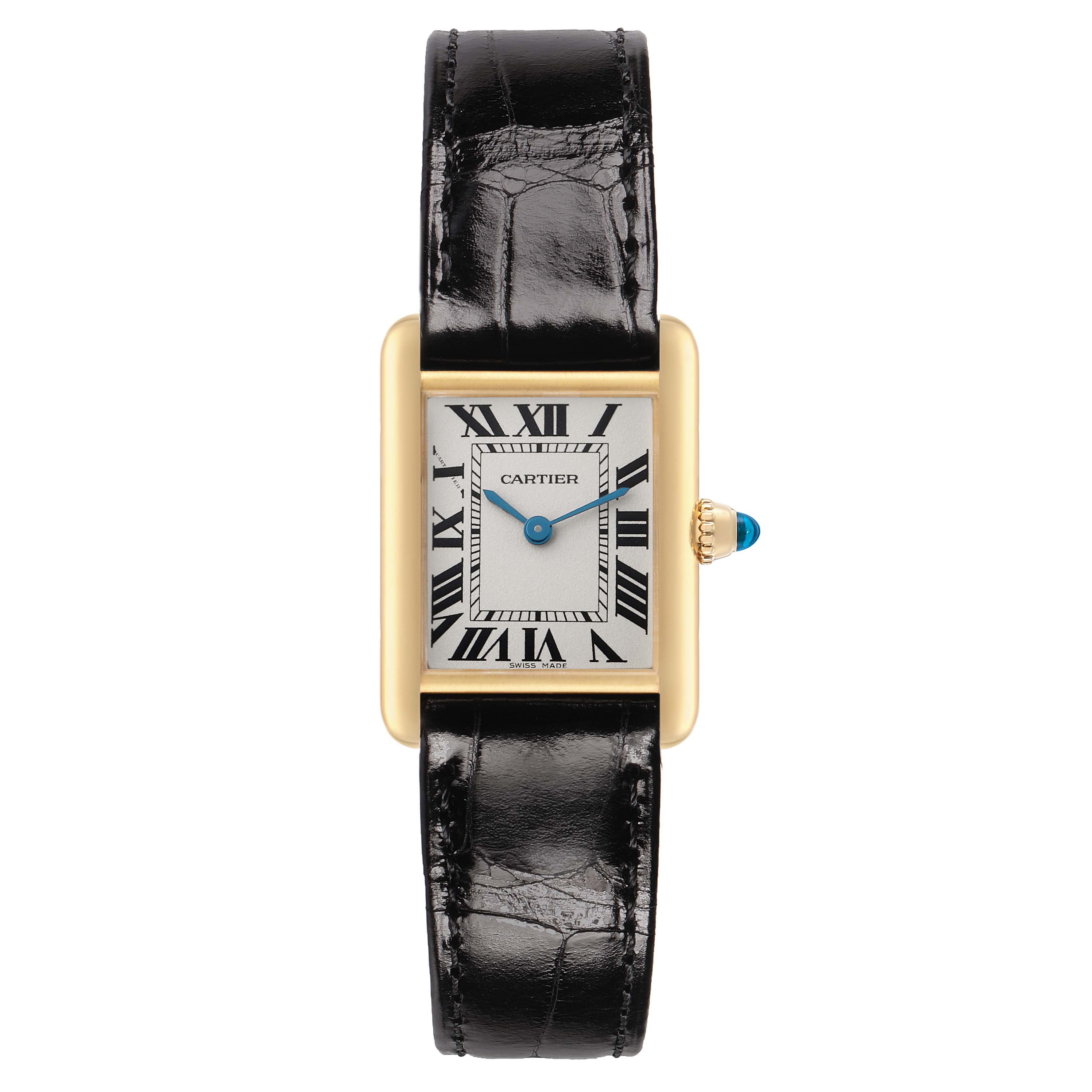 The Cartier Tank Louis W1529856 Women's Yellow Gold Silver Dial watch is shown from the front, highlighting the face, case, strap, and crown.