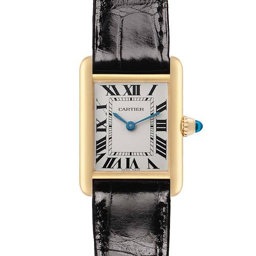 The Cartier Tank Louis W1529856 Women's Yellow Gold Silver Dial watch is shown from a top-down angle, highlighting the dial, case, crown, and leather strap.