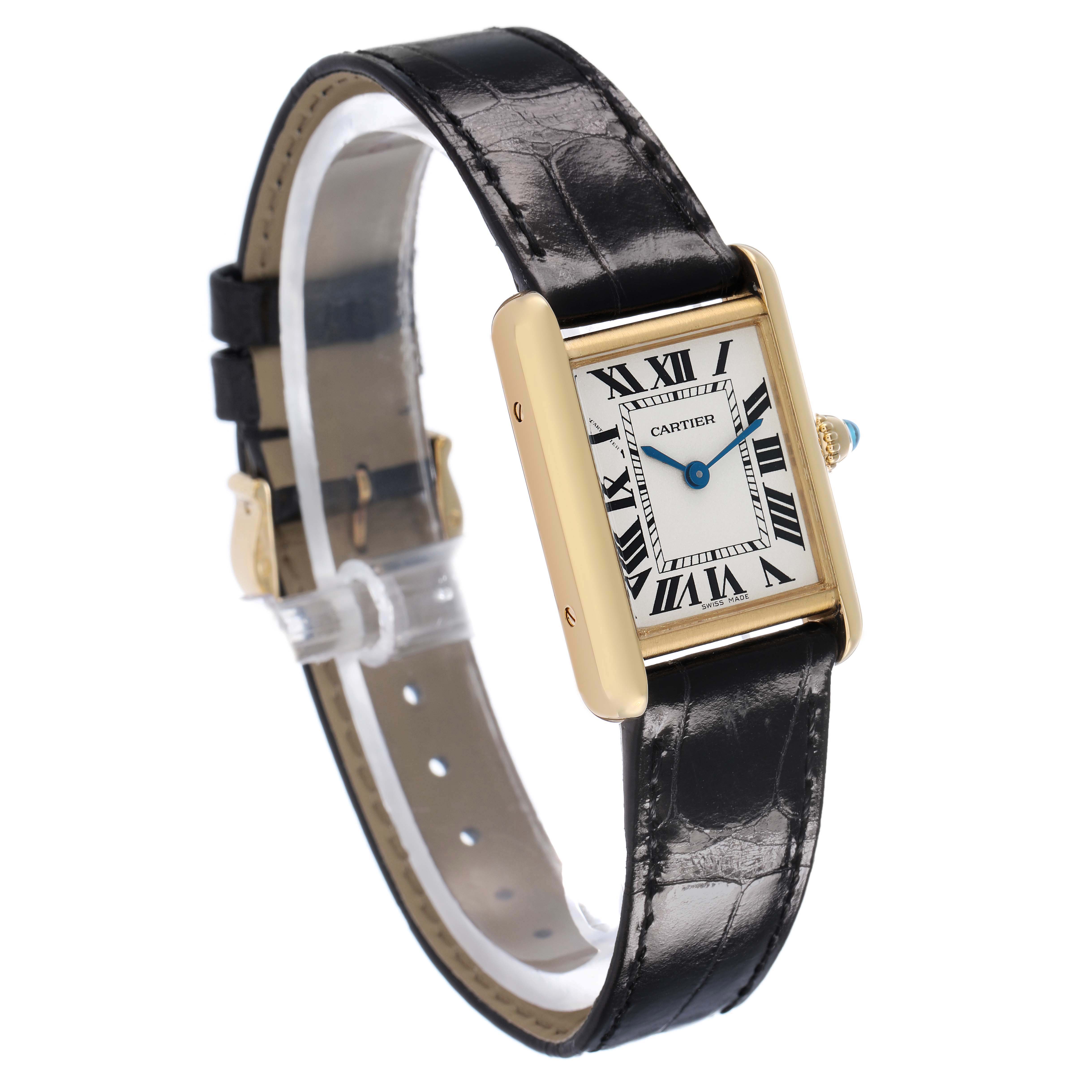The Cartier Tank Louis W1529856 Women's Yellow Gold Silver Dial watch is shown at a three-quarter angle, displaying the face, strap, and crown.