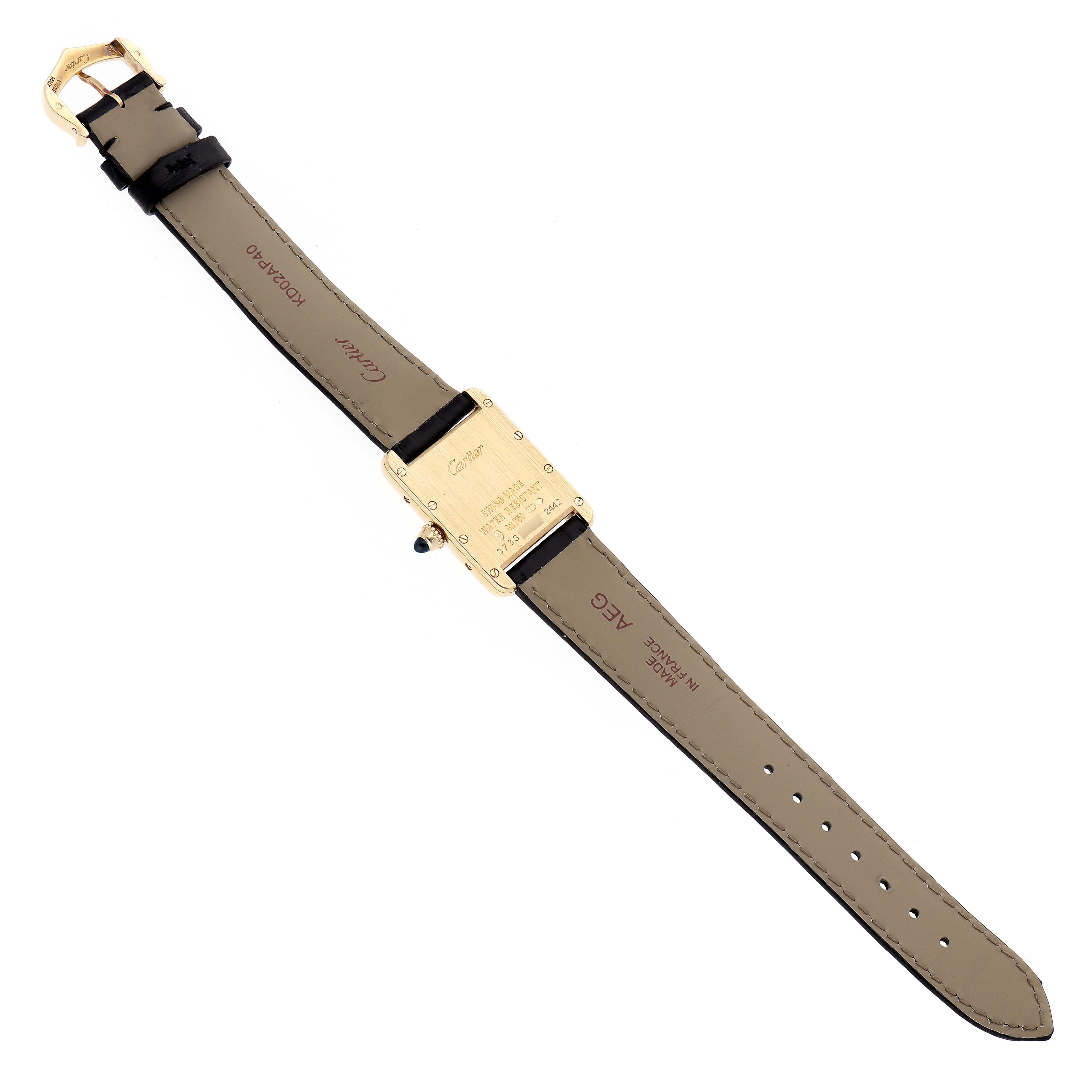 The image shows the back view of the Cartier Tank Louis W1529856 Women's Yellow Gold Silver Dial watch, highlighting the case back and leather strap.