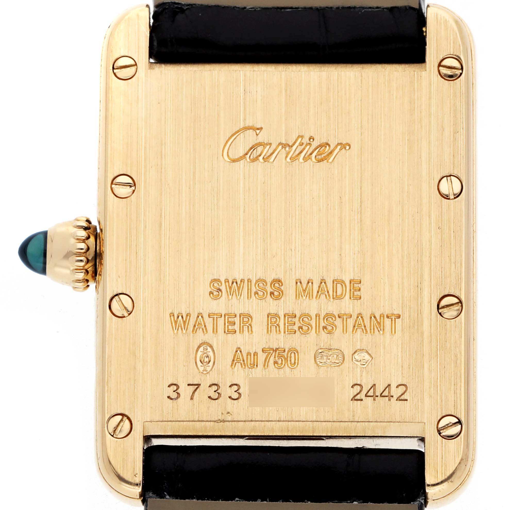 The image shows the back of a Cartier Tank Louis W1529856 Women's Yellow Gold Silver Dial watch, highlighting the engravings and crown from a rear angle.