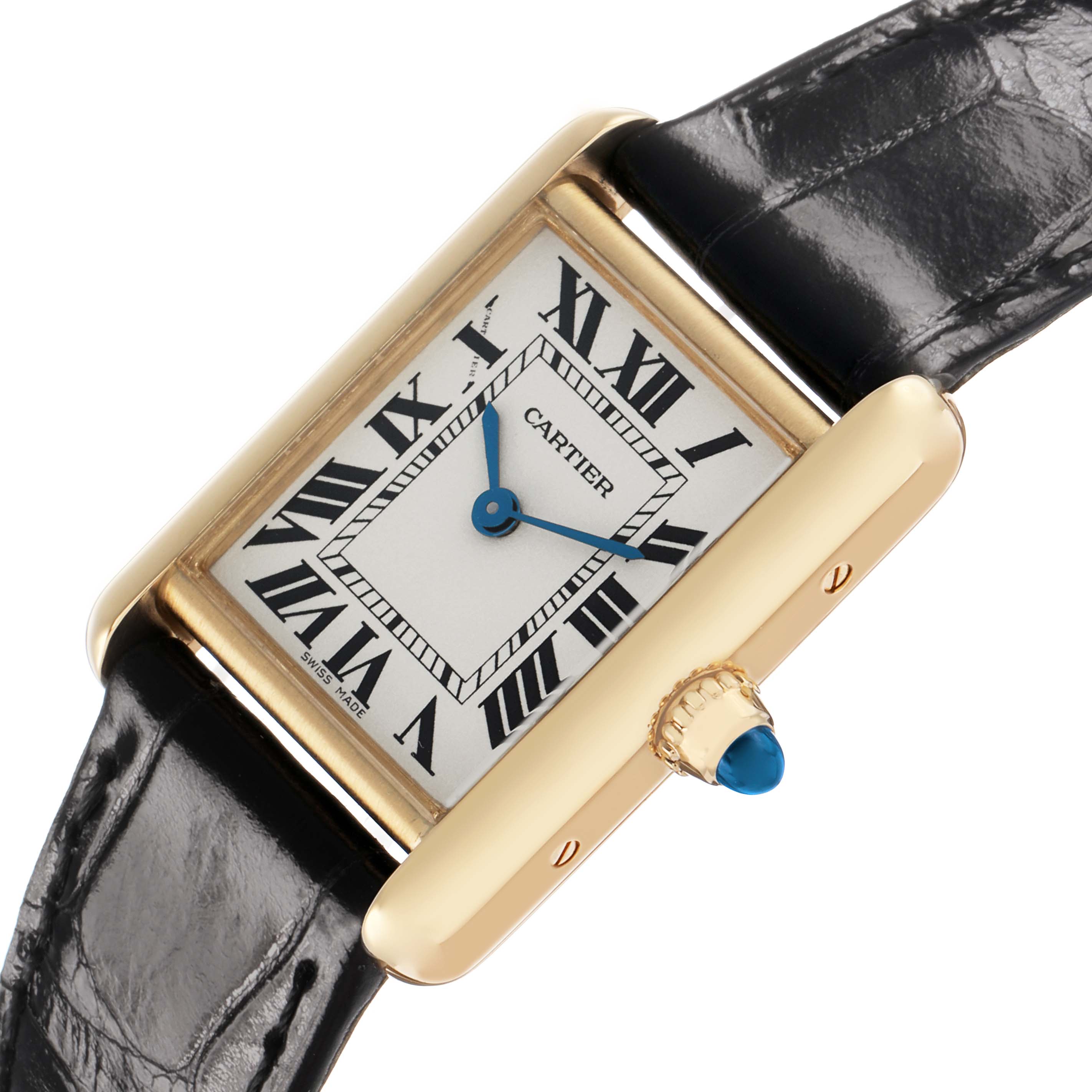 The Cartier Tank Louis W1529856 Women's Yellow Gold Silver Dial watch is shown at a slight angle, featuring the gold case, blue hands, Roman numerals, and leather strap.