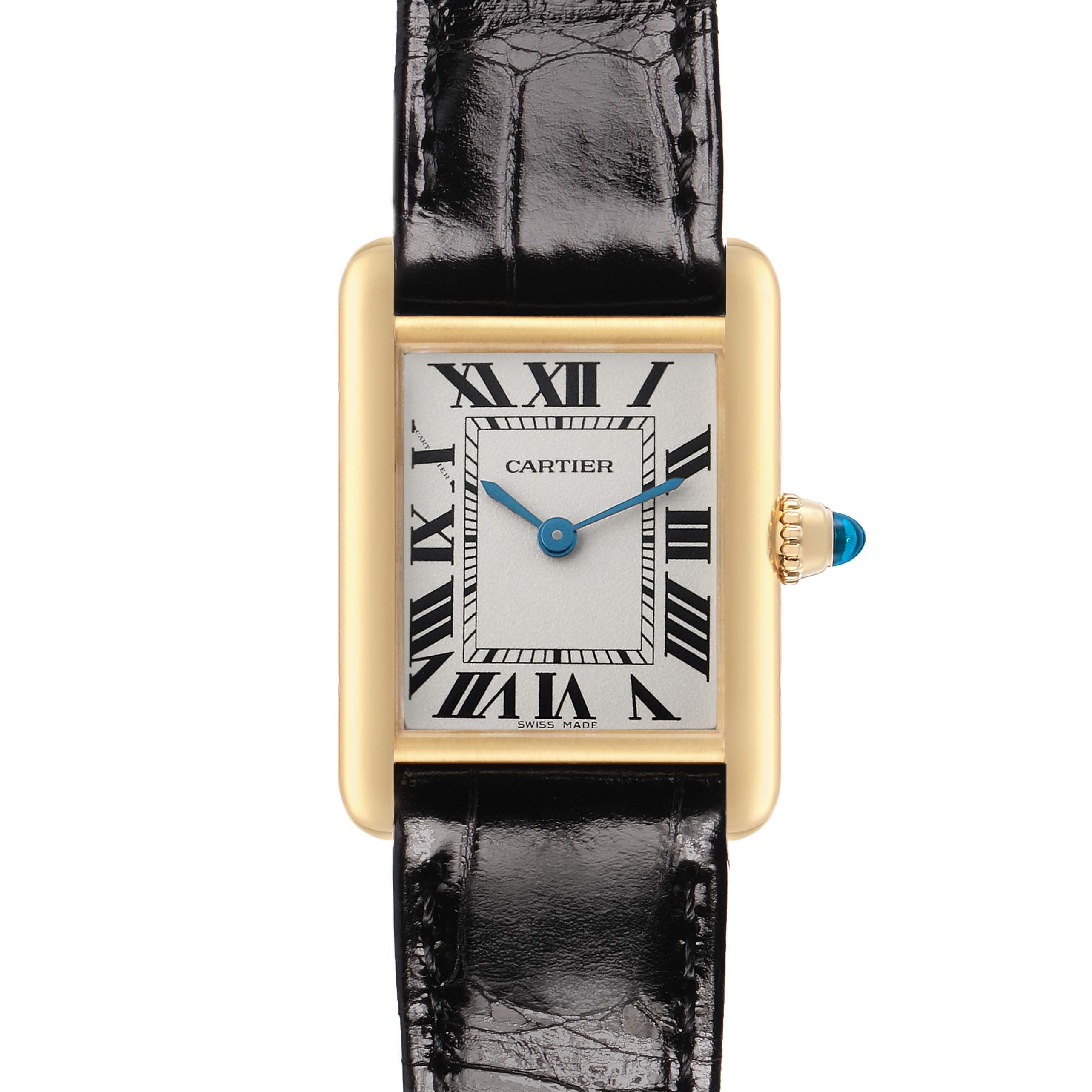 The Cartier Tank Louis W1529856 Women's Yellow Gold Silver Dial watch is shown from a top-down angle, highlighting its face, hands, case, and leather strap.