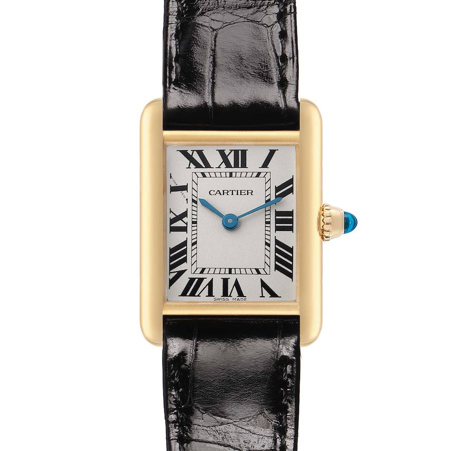The Cartier Tank Louis W1529856 Women's Yellow Gold Silver Dial watch is shown from a top-down angle, highlighting its face, hands, case, and leather strap.