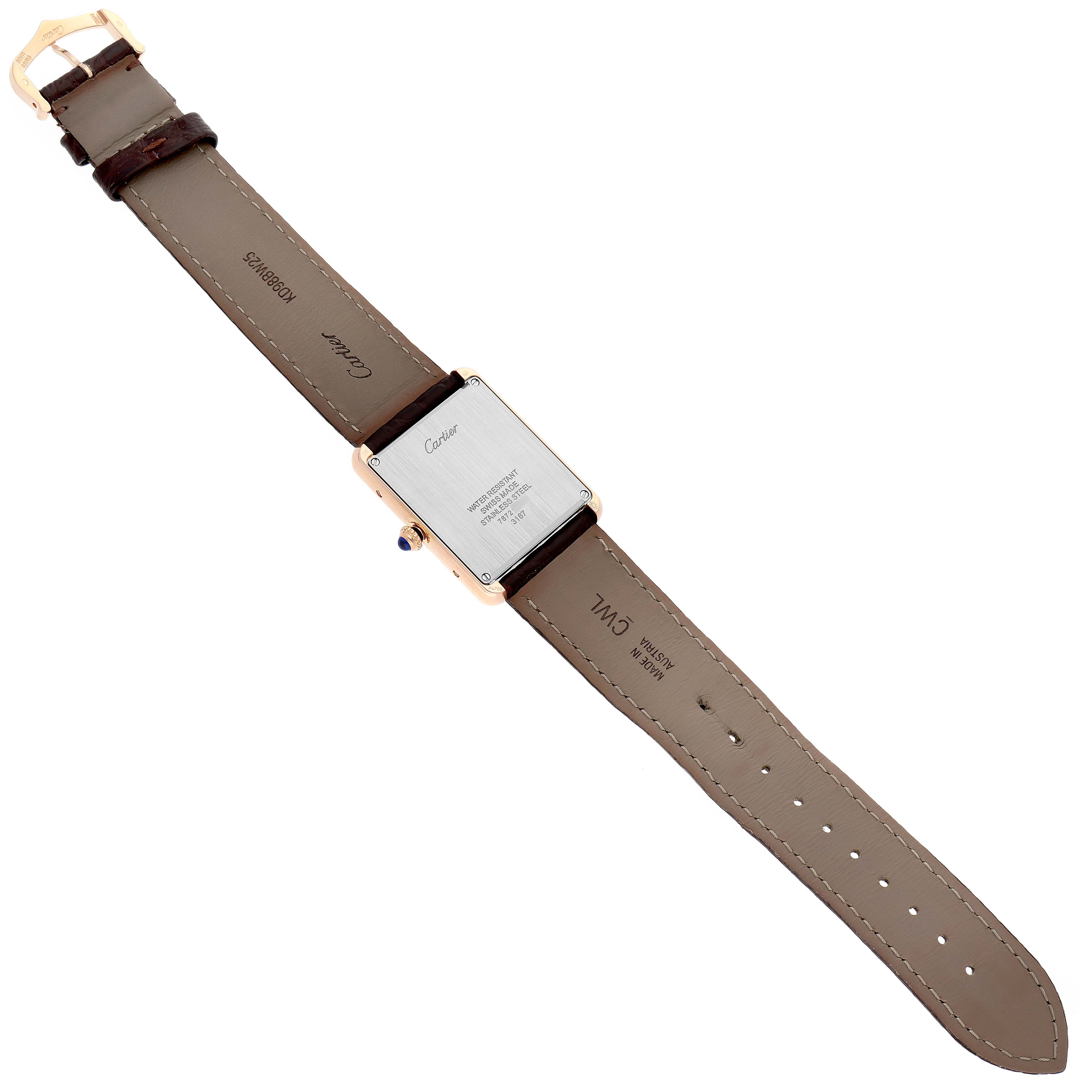 This image shows the back view of a Tank Solo model by Cartier, displaying the strap, buckle, and case back details.