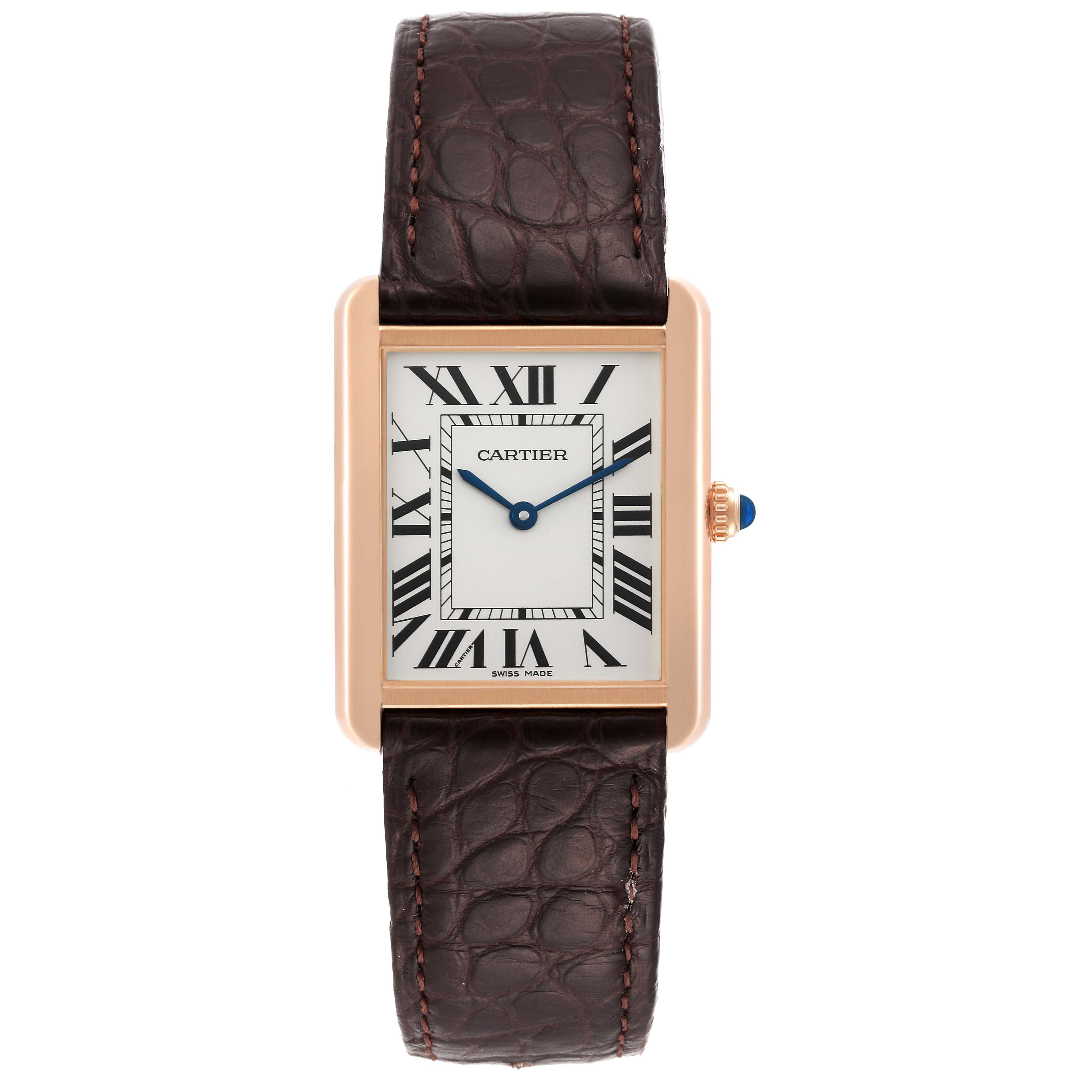 The image shows a front view of the Cartier Tank Solo W5200025 Men
s Rose Gold Silver Dial W5200025 Men
s Rose Gold Silver Dial watch with a brown leather strap and a gold case.