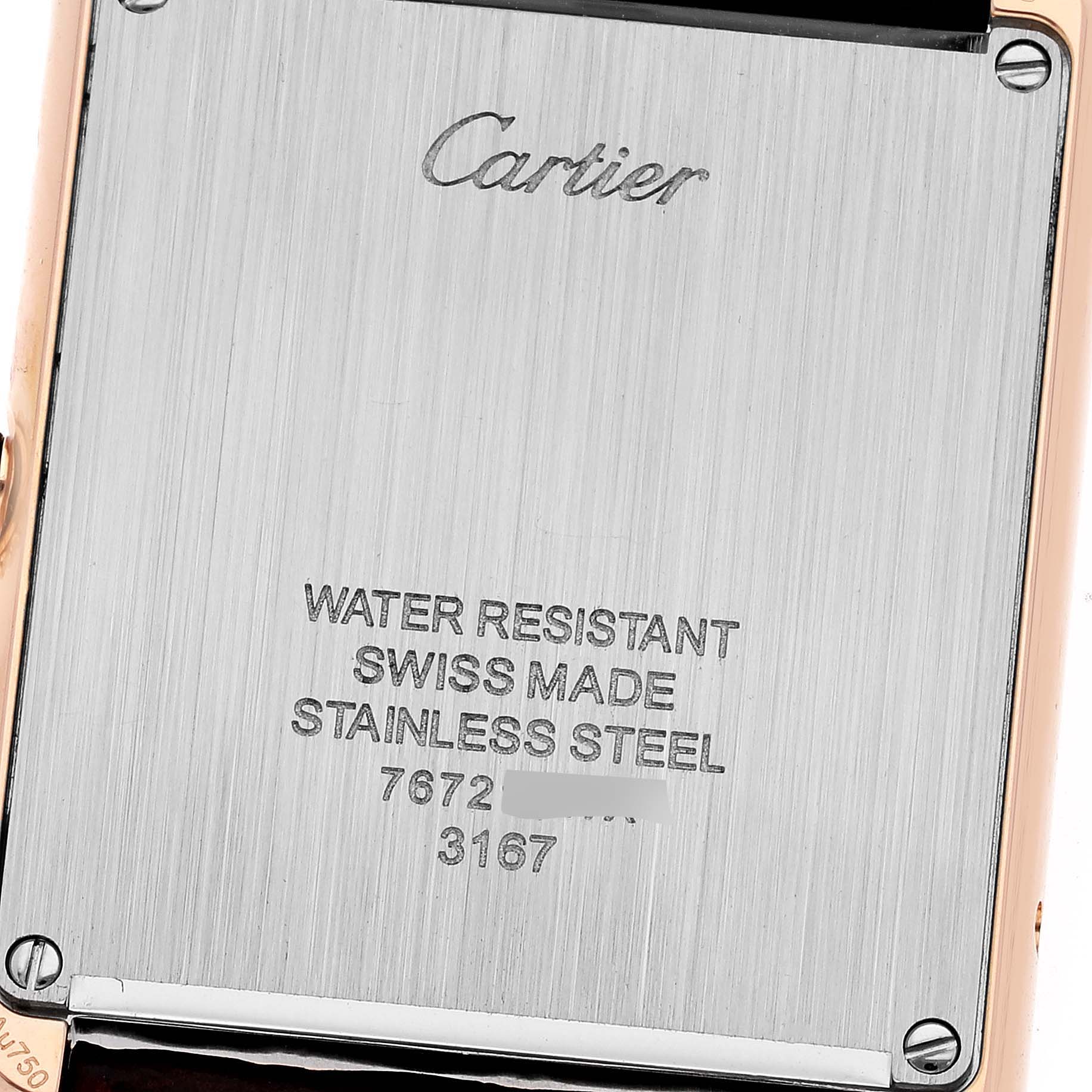 The image shows the back case of a Cartier Tank Solo W5200025 Men
s Rose Gold Silver Dial W5200025 Men
s Rose Gold Silver Dial watch displaying engraving details like water resistance and material.