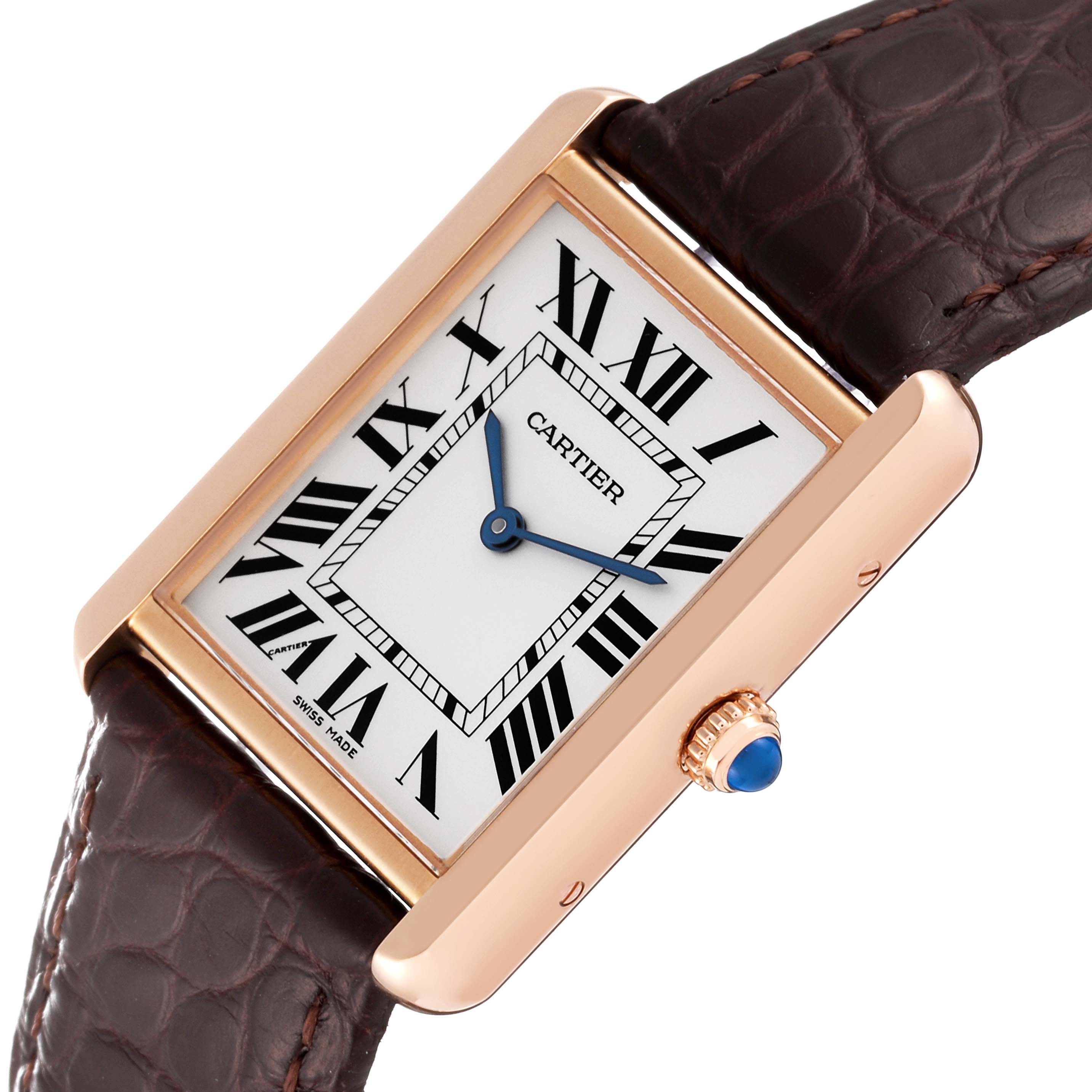 The Cartier Tank Solo W5200025 Men
s Rose Gold Silver Dial W5200025 Men
s Rose Gold Silver Dial watch is shown at a slight angle displaying its rectangular face, Roman numerals, and brown leather strap.