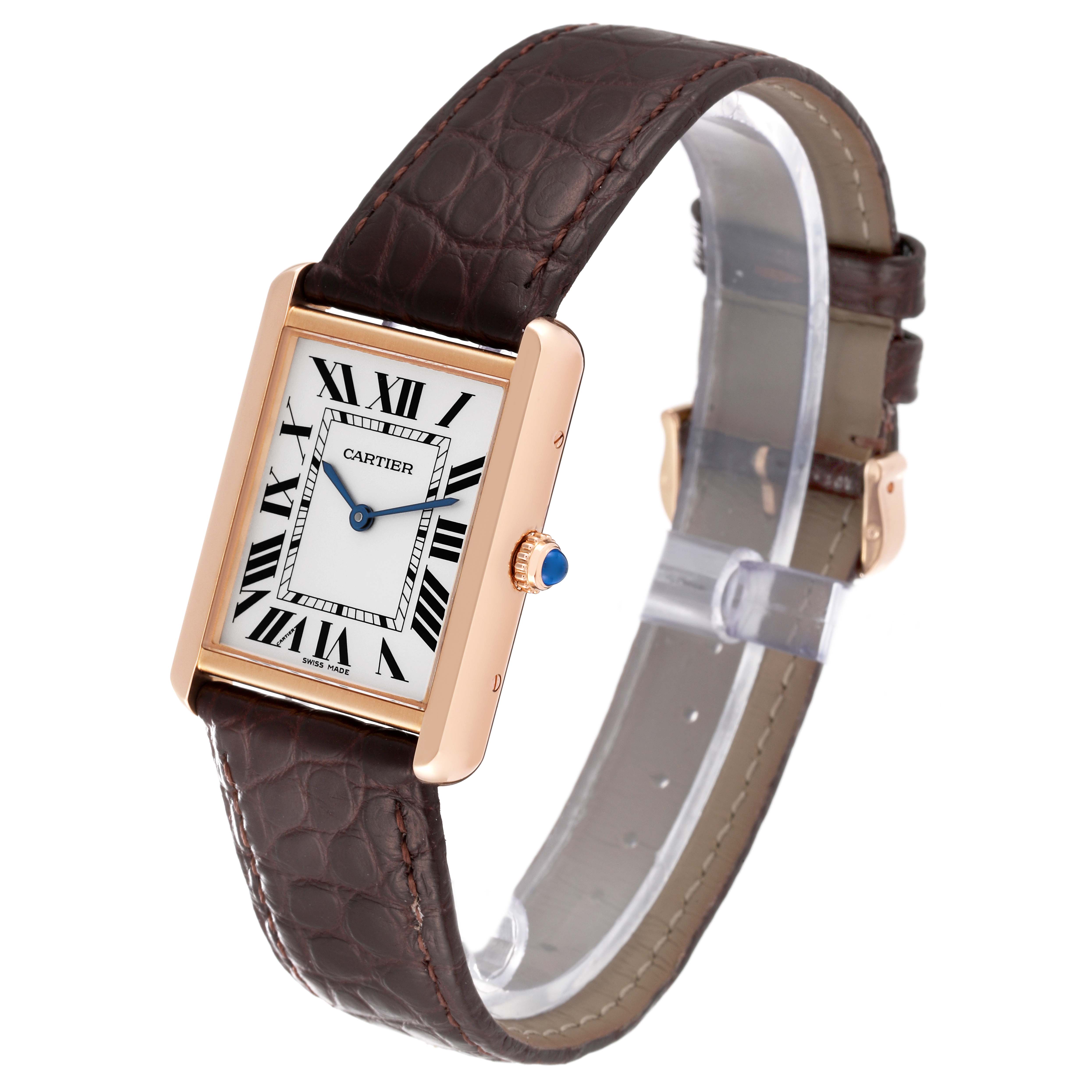 The Cartier Tank Solo W5200025 Men
s Rose Gold Silver Dial W5200025 Men
s Rose Gold Silver Dial watch is shown from a slightly angled top-down view, displaying the face and leather strap.