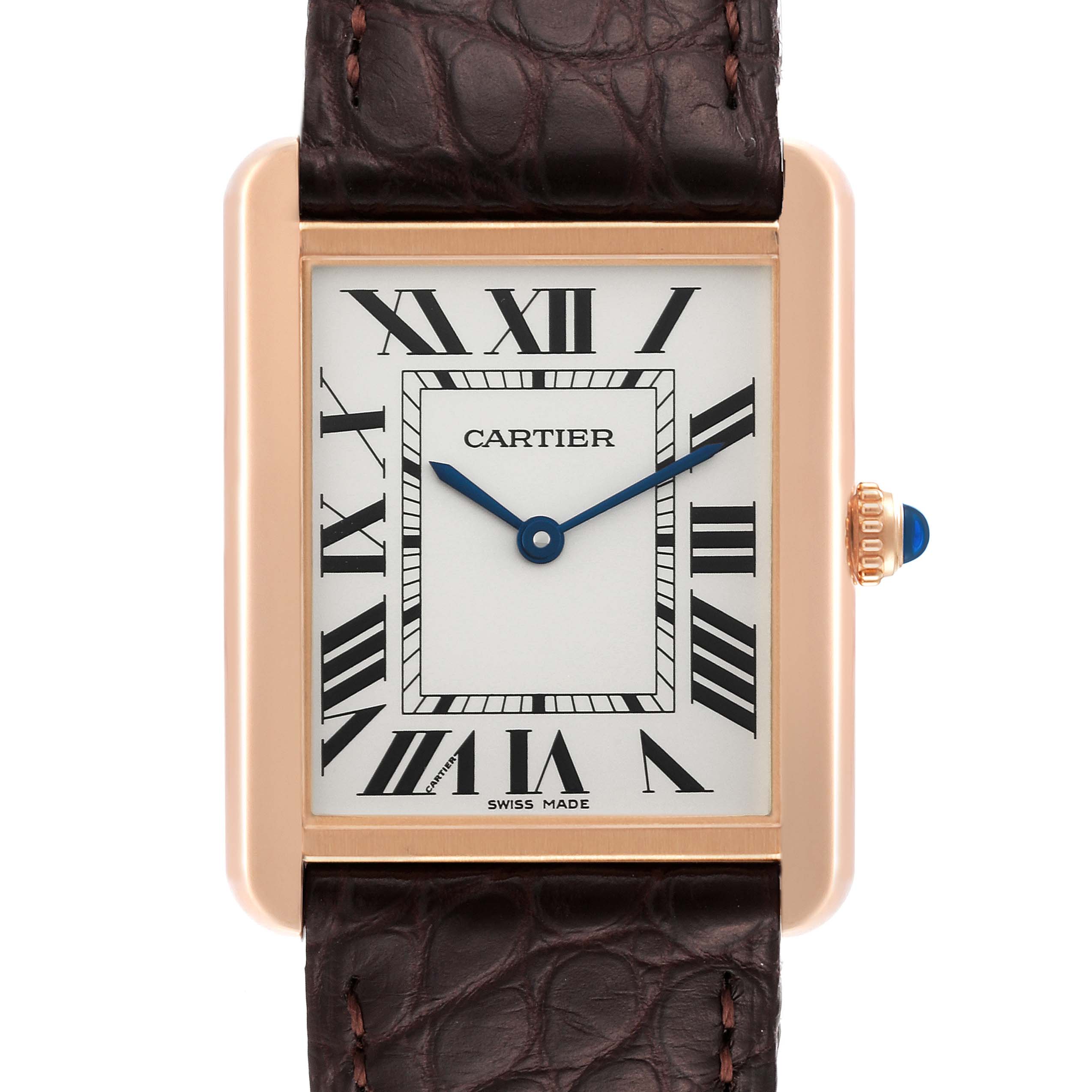 This image shows a Cartier Tank Solo W5200025 Men
s Rose Gold Silver Dial W5200025 Men
s Rose Gold Silver Dial watch from a front angle, highlighting the dial, hands, and strap.