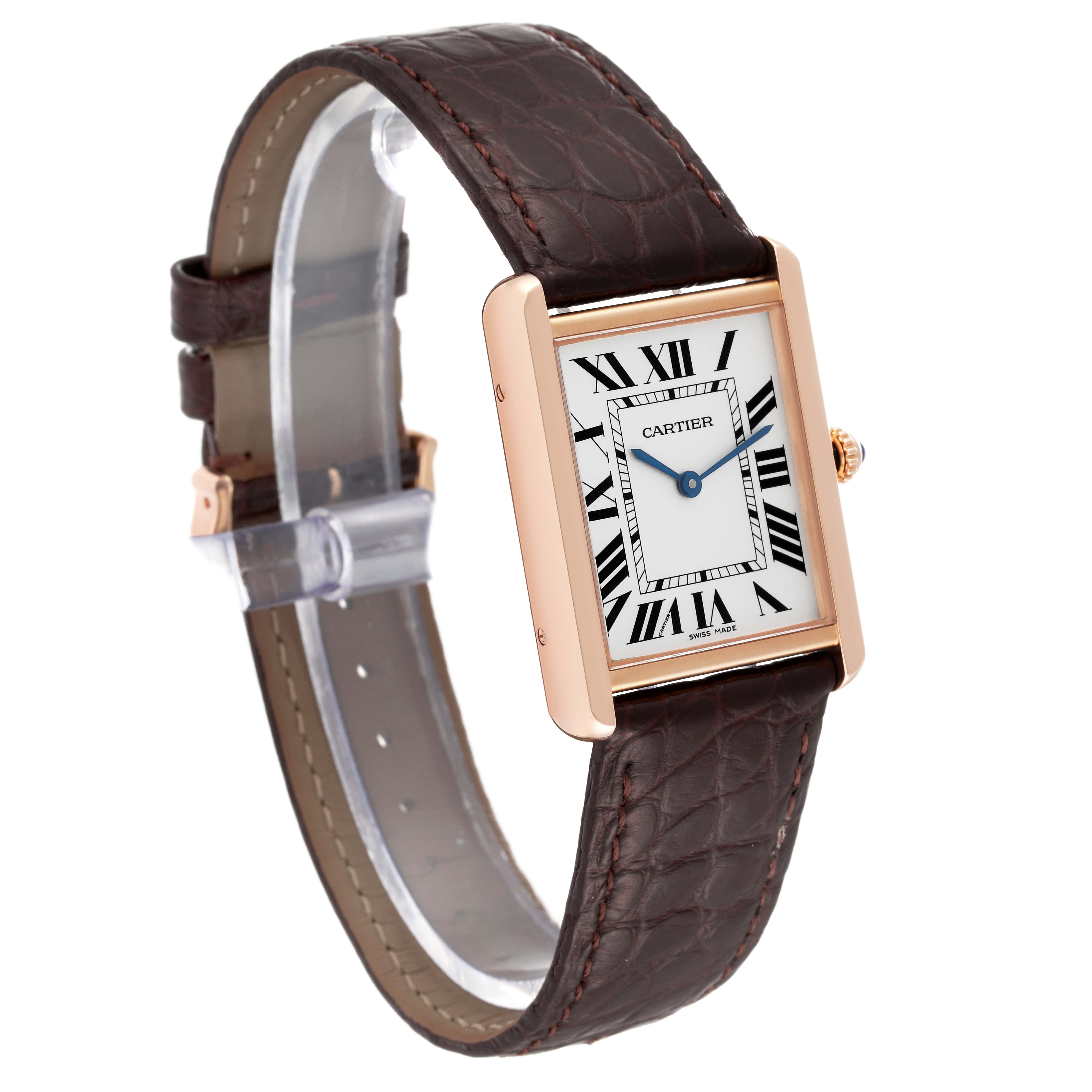 The image shows a Cartier Tank Solo W5200025 Men
s Rose Gold Silver Dial W5200025 Men
s Rose Gold Silver Dial watch from a three-quarter angle, highlighting its face, case, and leather strap.