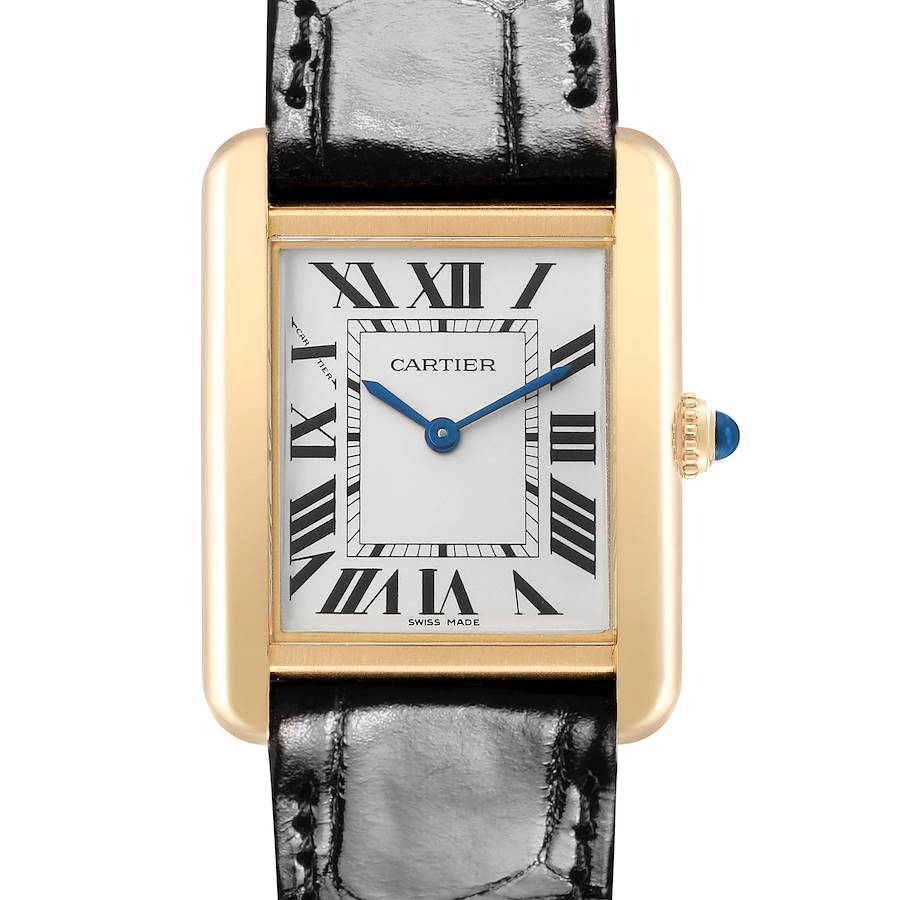 The Cartier Tank Solo W1018755 Women's Steel and Gold (two tone) Silver Dial watch is shown from the front, displaying the face, Roman numerals, blue hands, and black leather strap.