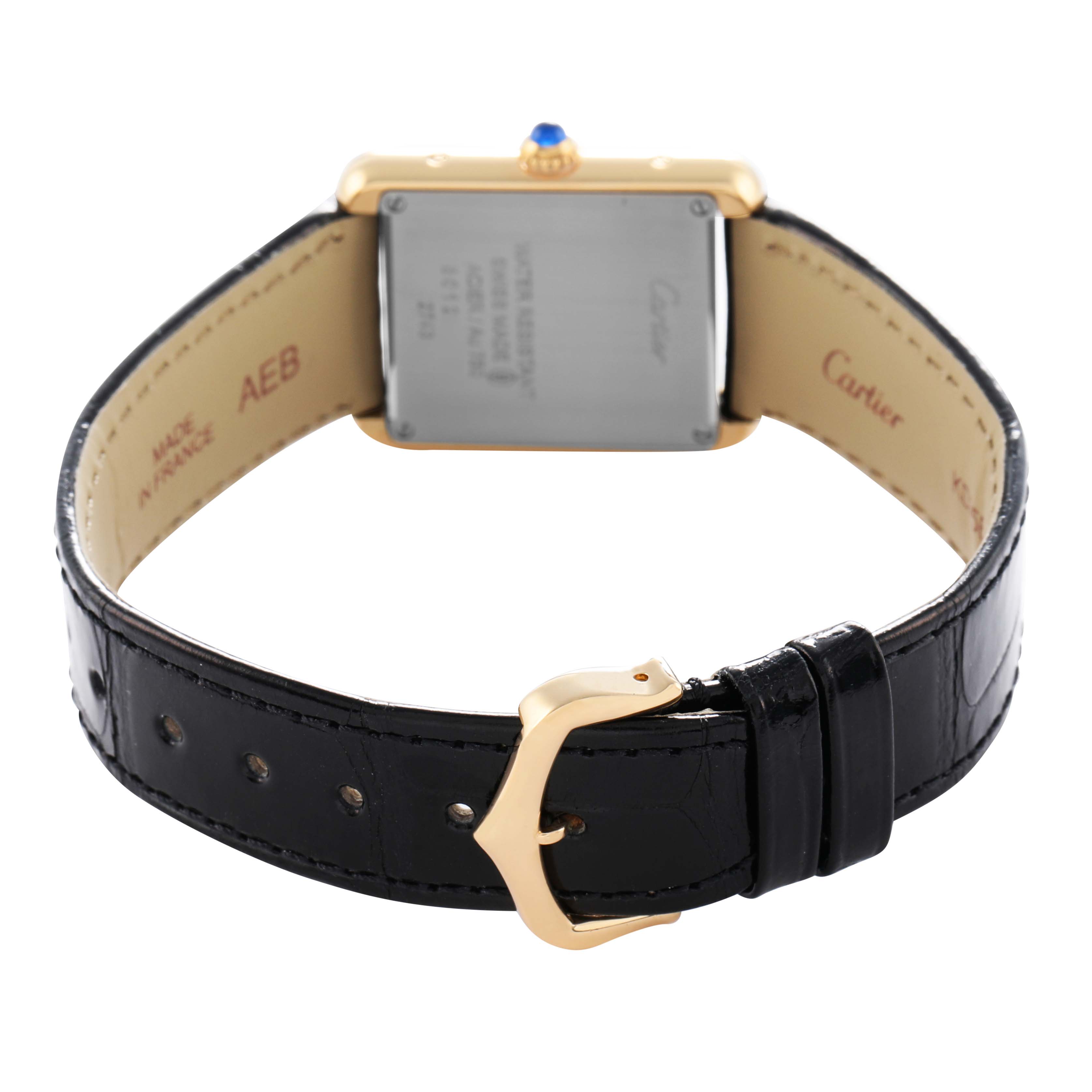 The image shows the back and strap of a Cartier Tank Solo W1018755 Women's Steel and Gold (two tone) Silver Dial watch, highlighting its buckle and case back.