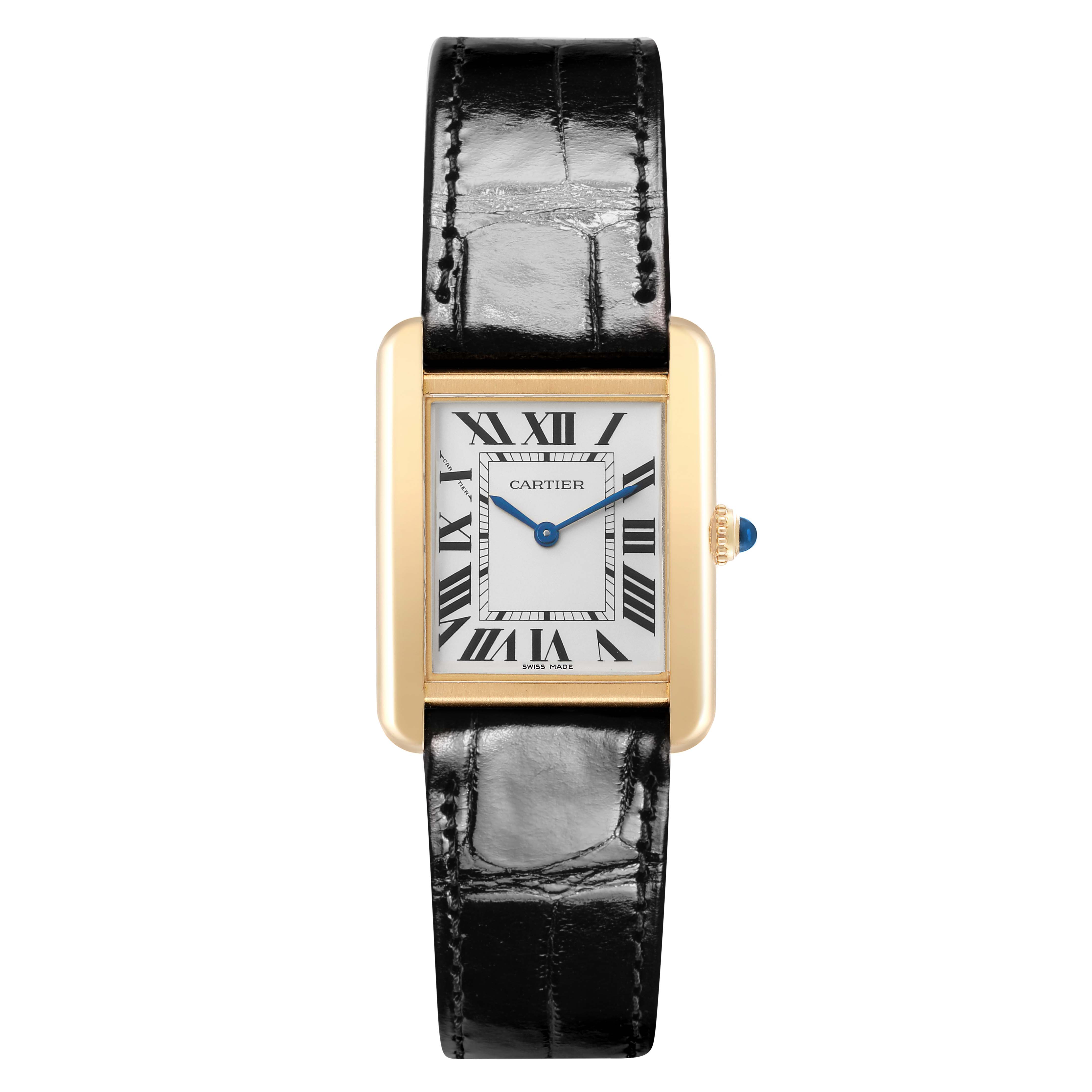 The Cartier Tank Solo W1018755 Women's Steel and Gold (two tone) Silver Dial watch is shown from the front, highlighting its rectangular case, white dial with Roman numerals, and black leather strap.