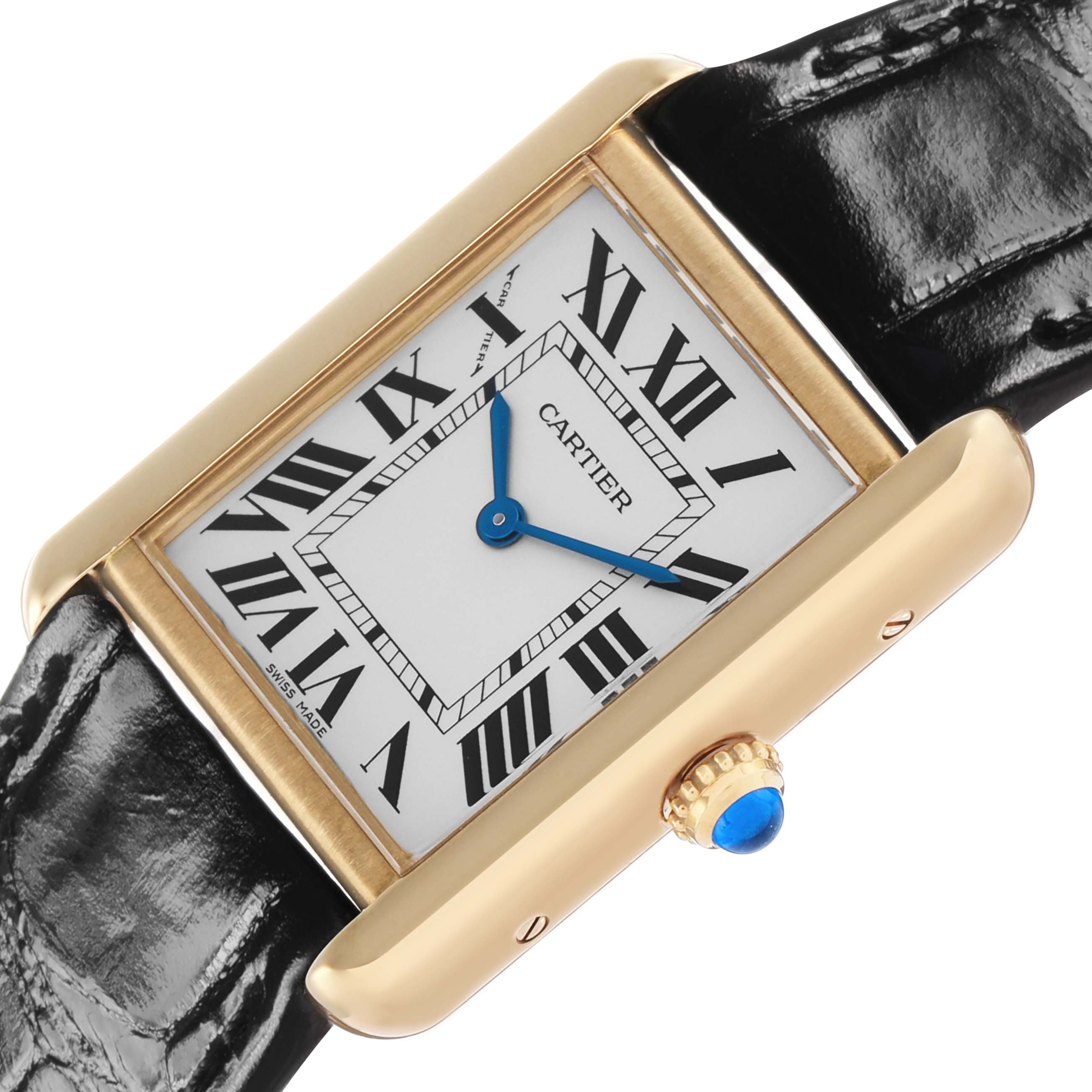 The Cartier Tank Solo W1018755 Women's Steel and Gold (two tone) Silver Dial watch is shown from a slight angle, highlighting the rectangular face, Roman numerals, and blue sapphire crown.