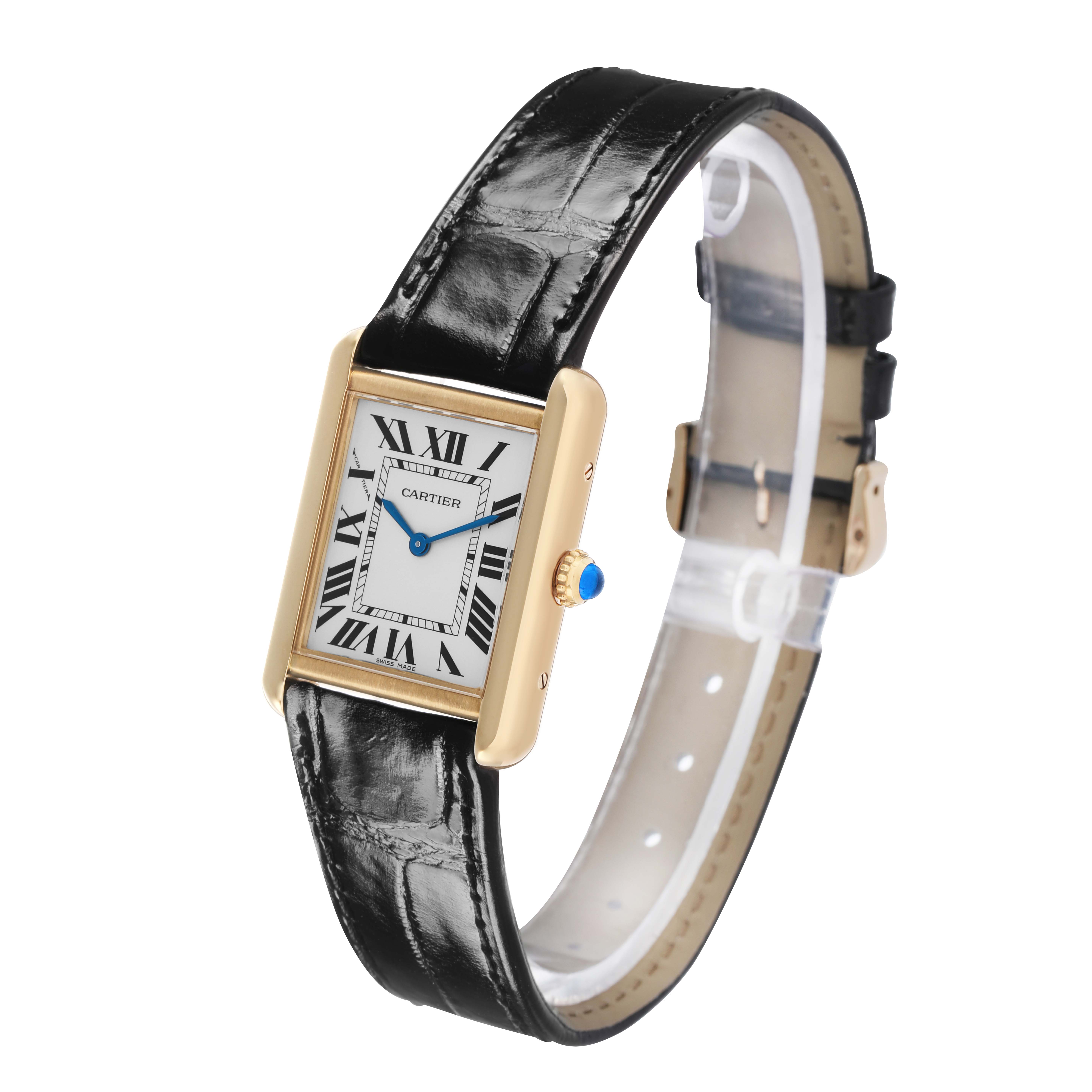 The Cartier Tank Solo W1018755 Women's Steel and Gold (two tone) Silver Dial watch is shown at a three-quarter angle, highlighting the rectangular face, black strap, and crown detail.