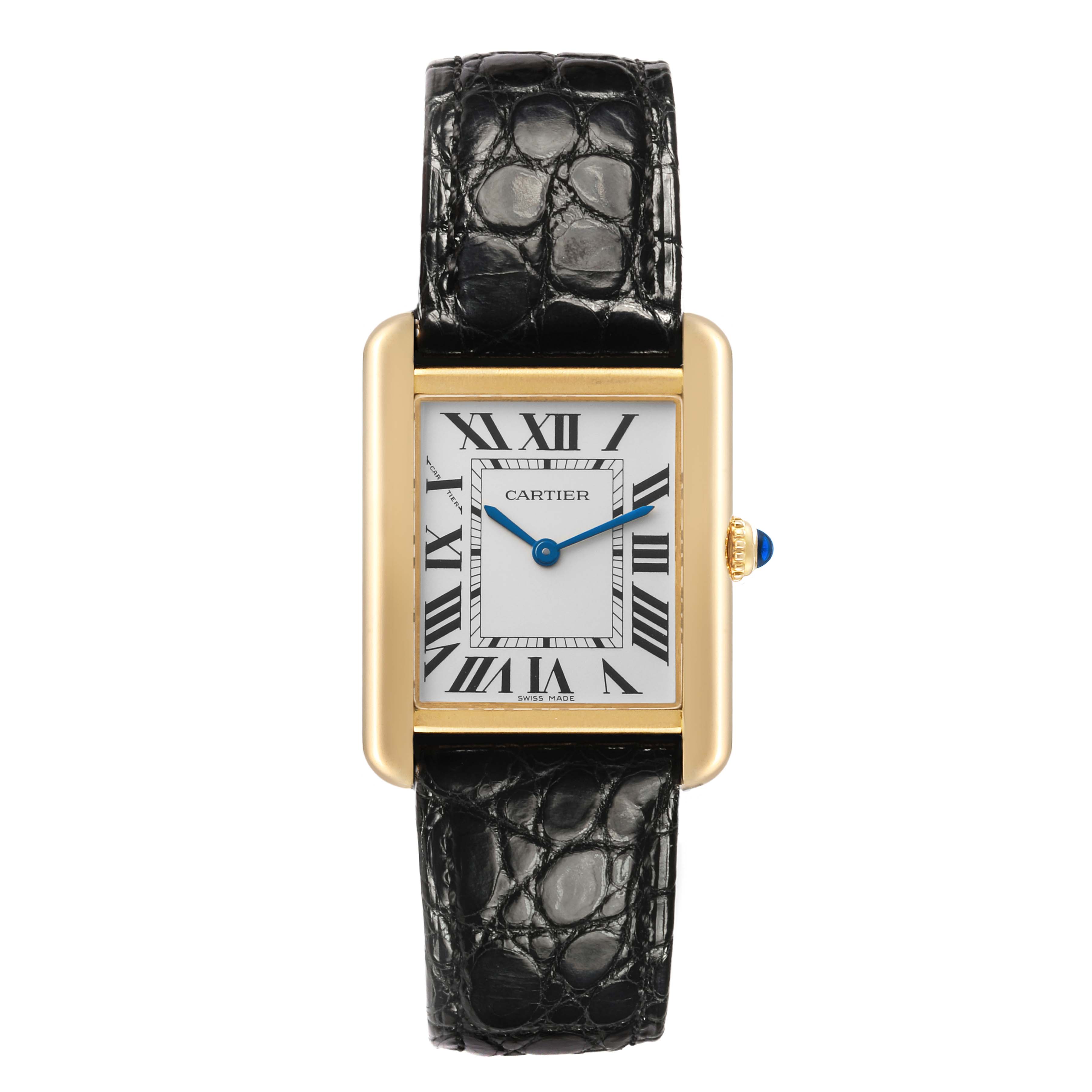 The Cartier Tank Solo W5200002 Women's Steel and Gold (two tone) Silver Dial is shown head-on, displaying its rectangular face, Roman numerals, and black leather strap.