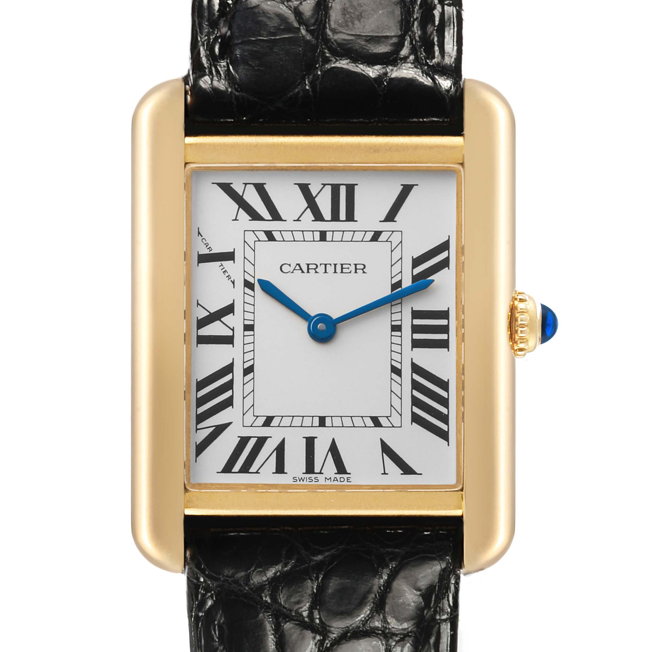 The Cartier Tank Solo W5200002 Women's Steel and Gold (two tone) Silver Dial watch is shown from the front, highlighting its rectangular face, Roman numerals, and blue hands.