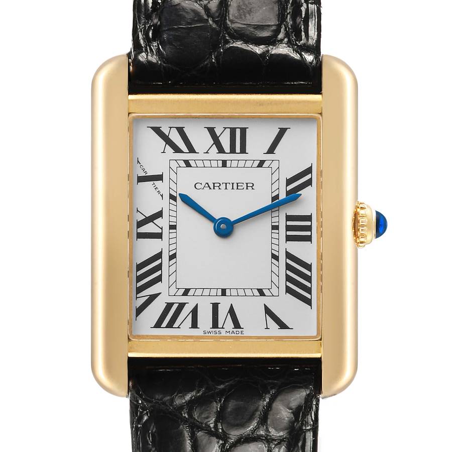 The Cartier Tank Solo W5200002 Women's Steel and Gold (two tone) Silver Dial watch is shown from the front, highlighting its rectangular face, Roman numerals, and blue hands.