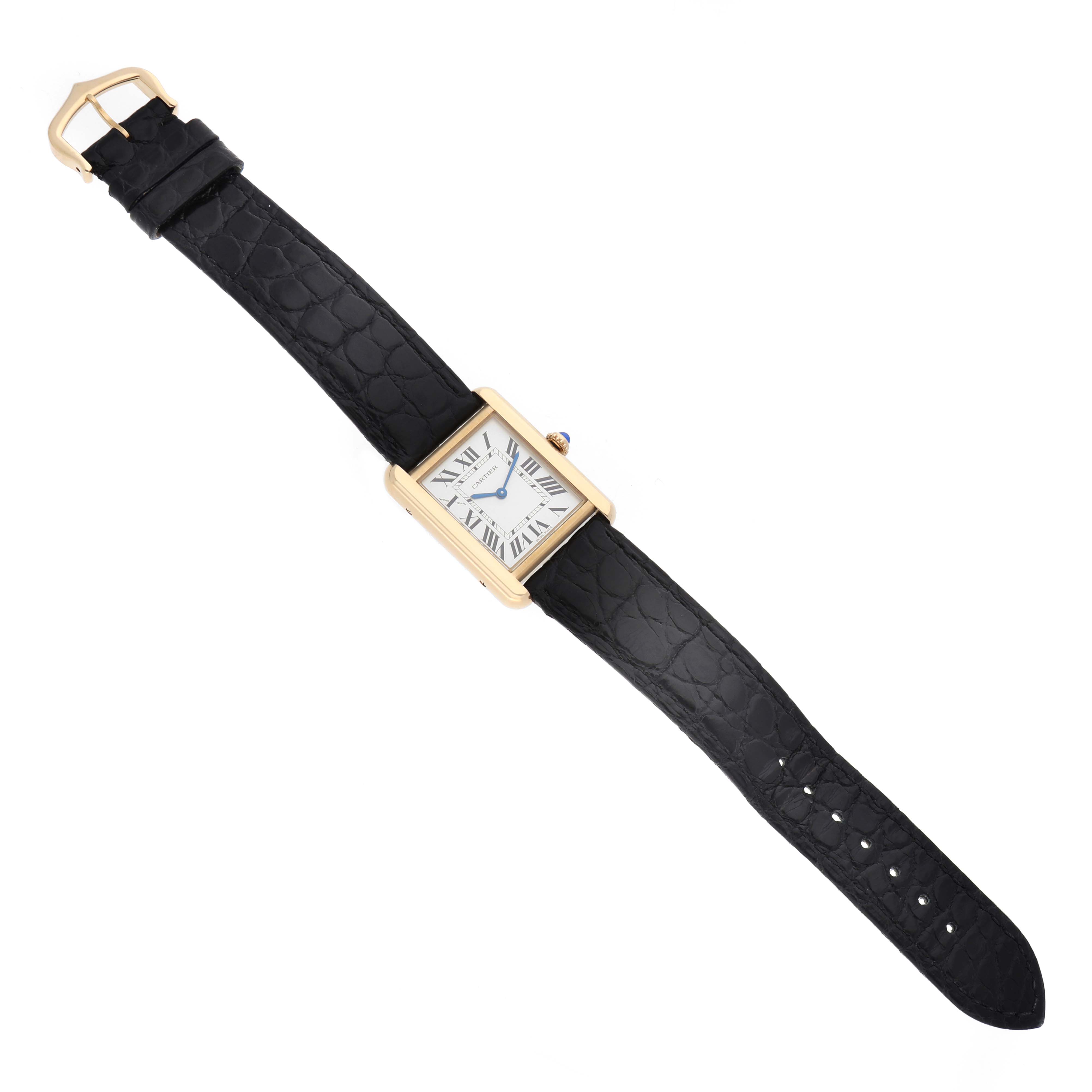 The Cartier Tank Solo W5200002 Women's Steel and Gold (two tone) Silver Dial watch is shown flat, displaying the face, strap, and buckle in full view.