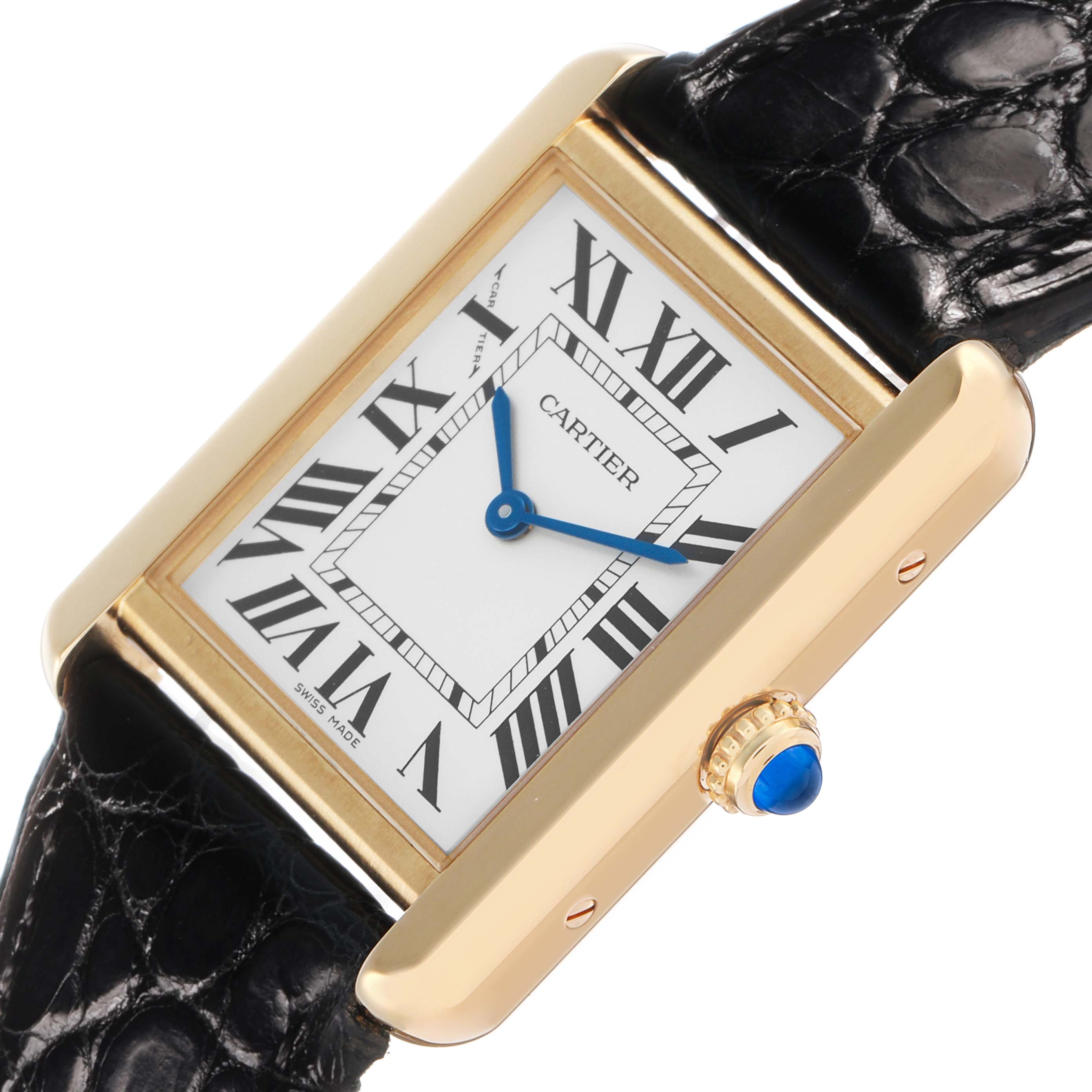 The Cartier Tank Solo W5200002 Women's Steel and Gold (two tone) Silver Dial watch is shown at an angled view, highlighting the rectangular case, Roman numerals, and blue hands.