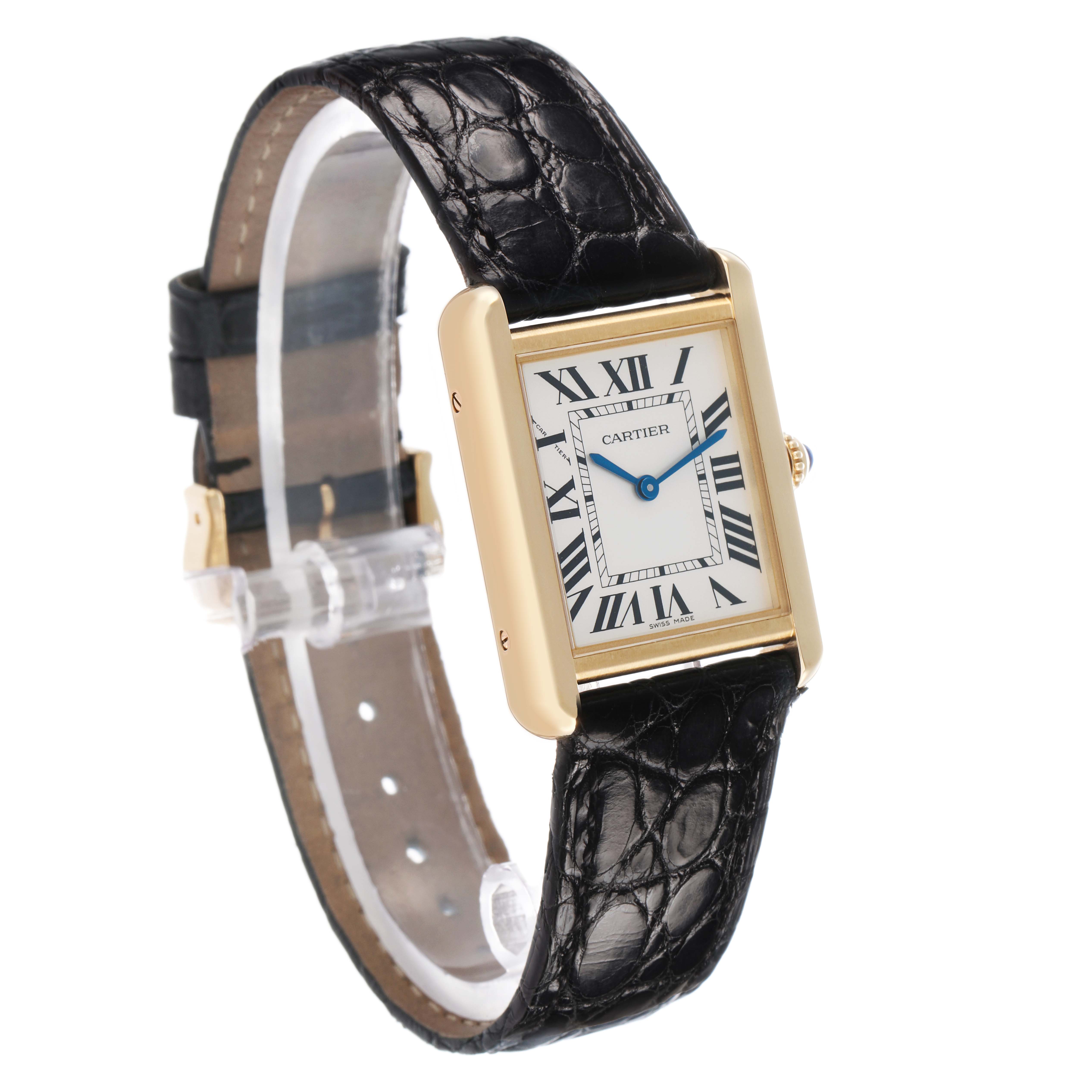 The Cartier Tank Solo W5200002 Women's Steel and Gold (two tone) Silver Dial watch is shown at an oblique angle, highlighting the gold case, Roman numeral dial, blue hands, and black leather strap.