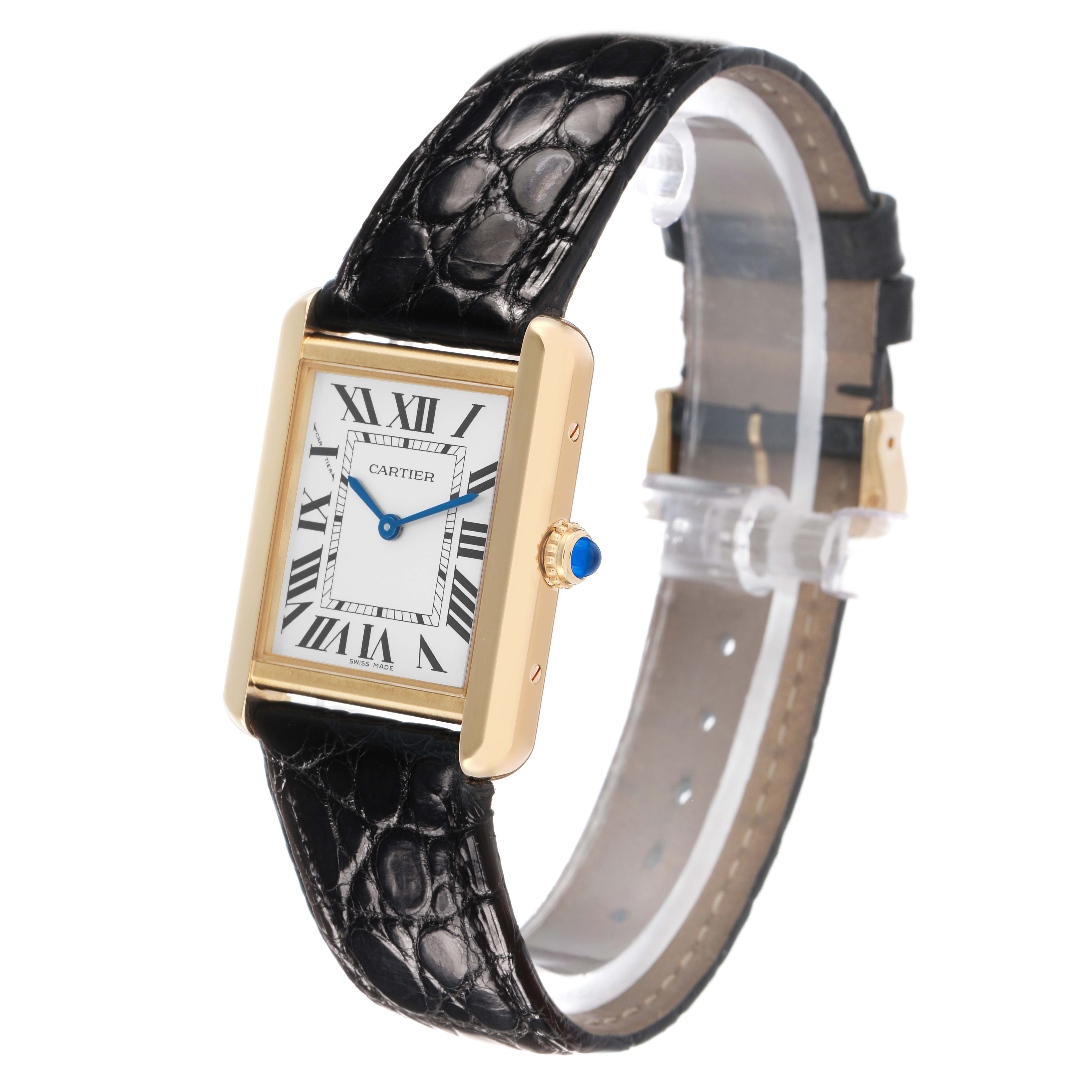 The Cartier Tank Solo W5200002 Women's Steel and Gold (two tone) Silver Dial watch is displayed at a side angle, showing the face, bezel, and leather strap with a visible crown.