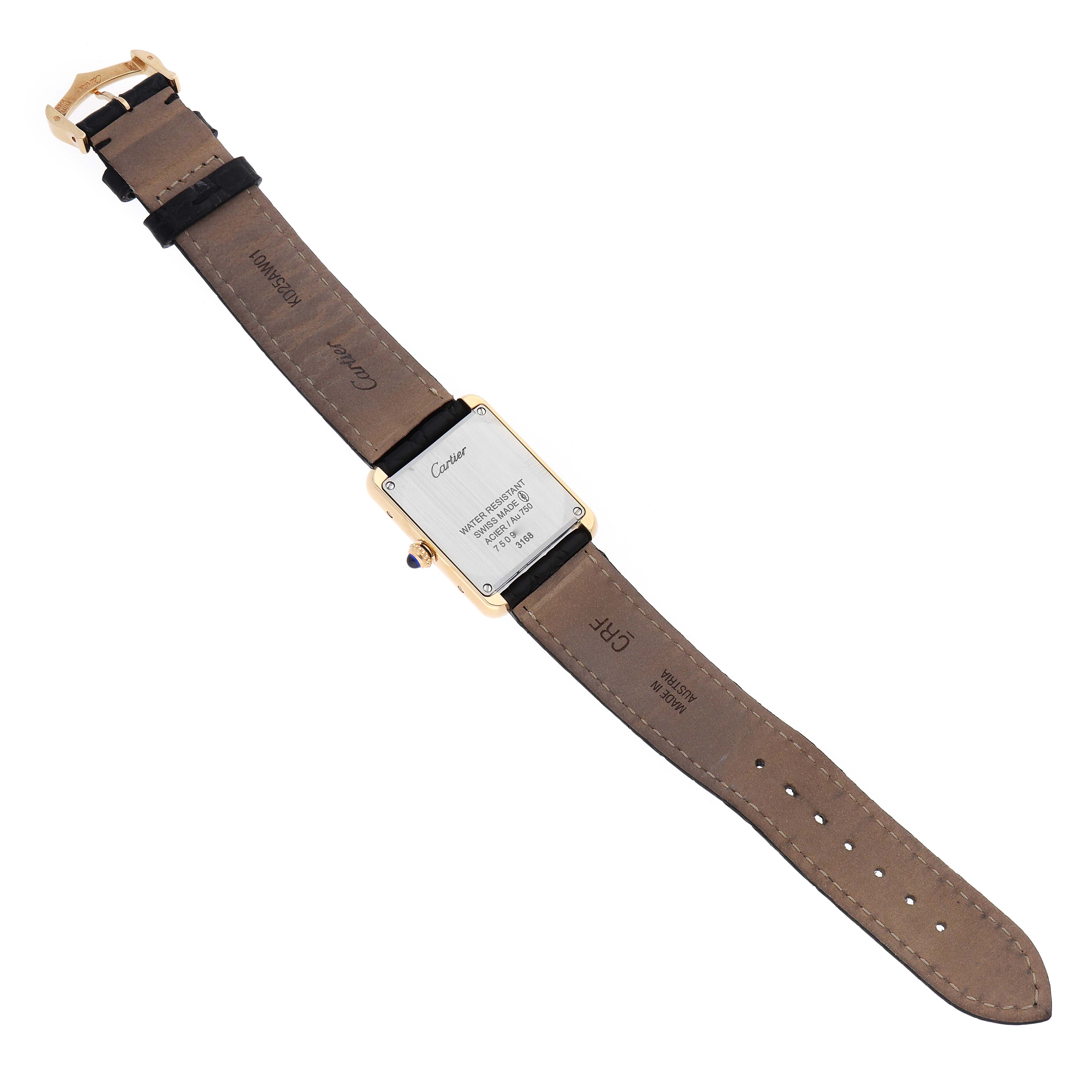 The image shows the back of a Cartier Tank Solo W5200002 Women's Steel and Gold (two tone) Silver Dial watch, highlighting the case back and leather strap.