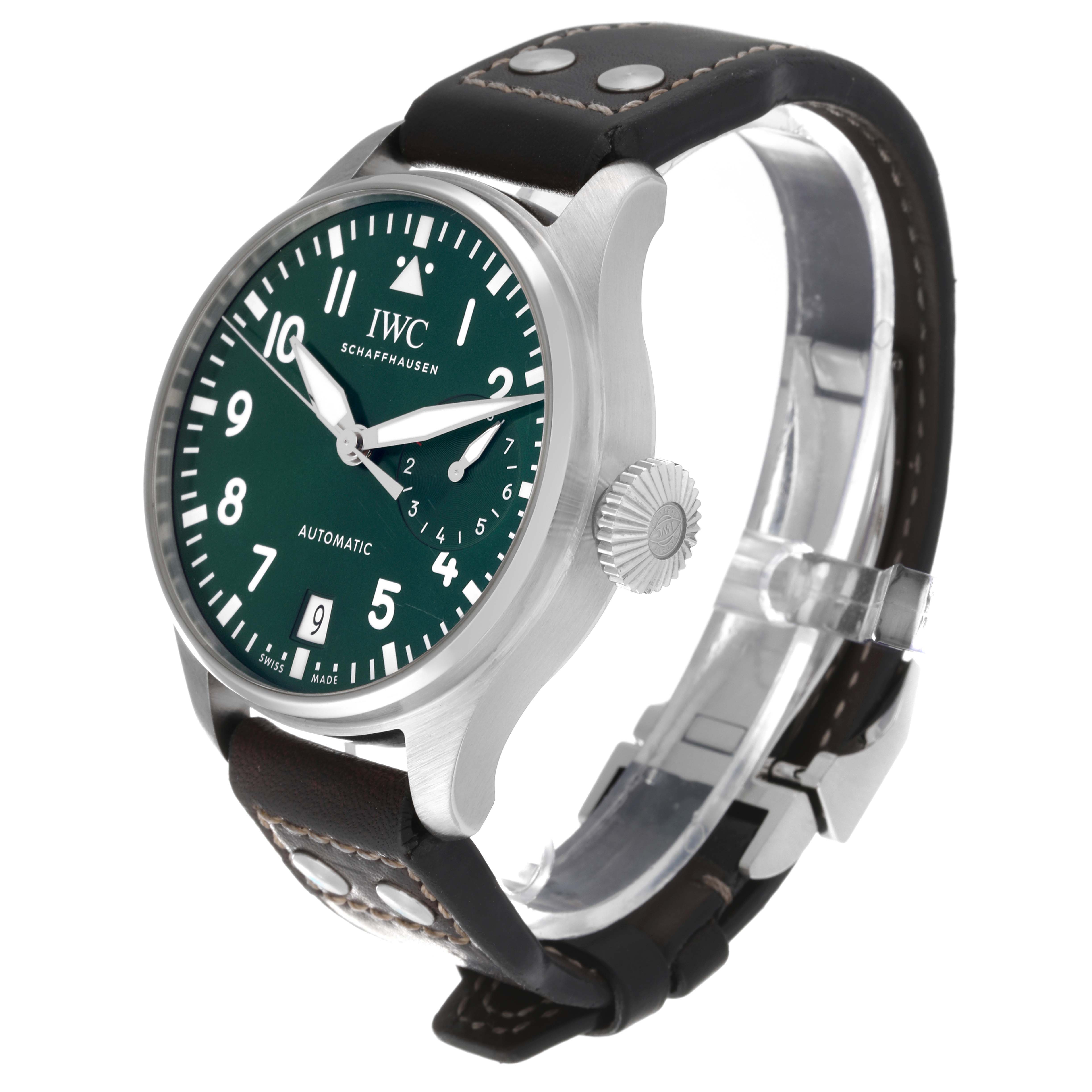 The IWC Pilot IW501015 Men's Stainless Steel Green Dial IW501015 Men's Stainless Steel Green Dial watch is shown at a three-quarter angle, highlighting the green dial, crown, and leather strap with studs.