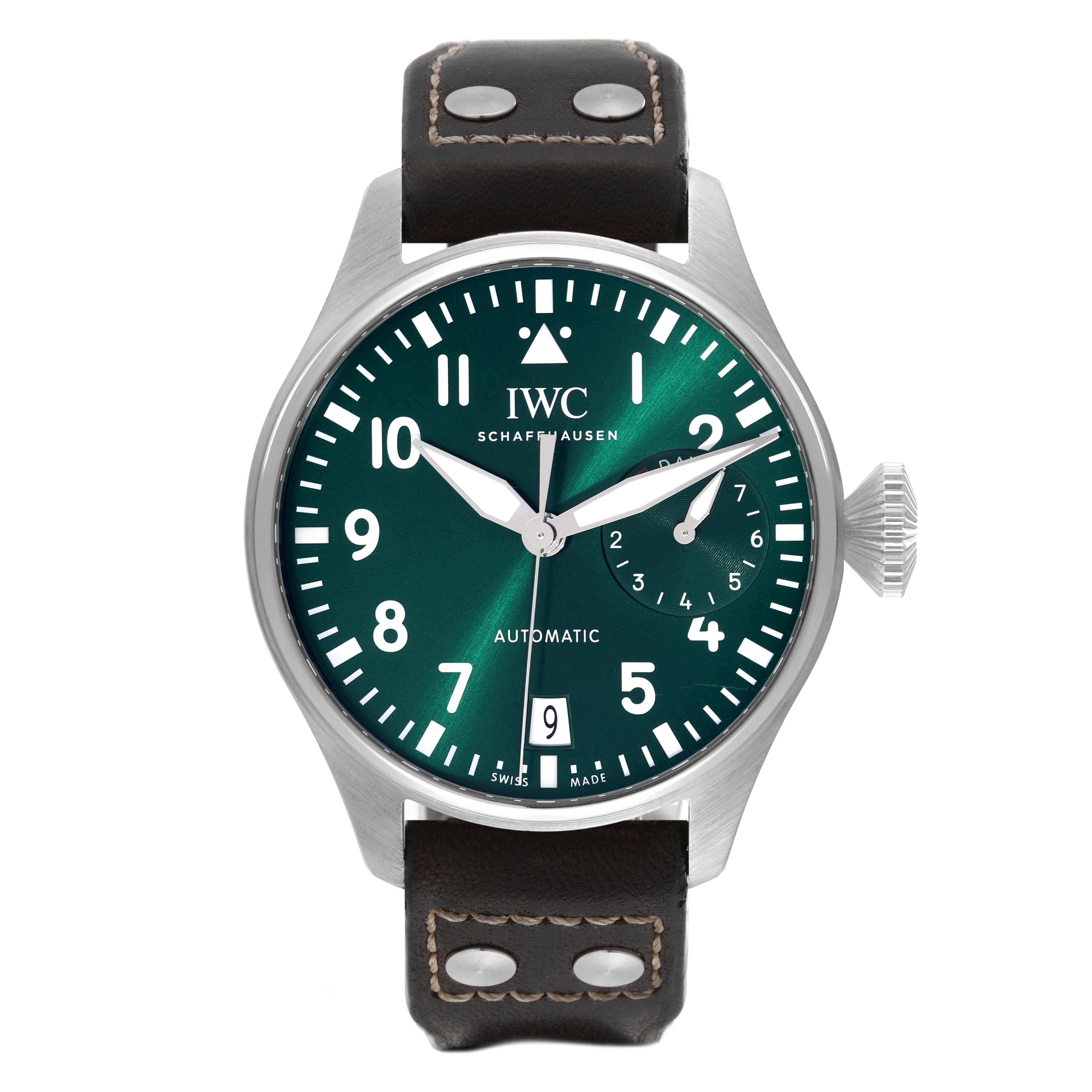 The image shows a front view of an IWC Pilot IW501015 Men's Stainless Steel Green Dial IW501015 Men's Stainless Steel Green Dial model watch, displaying the dial, hands, numerals, and strap.