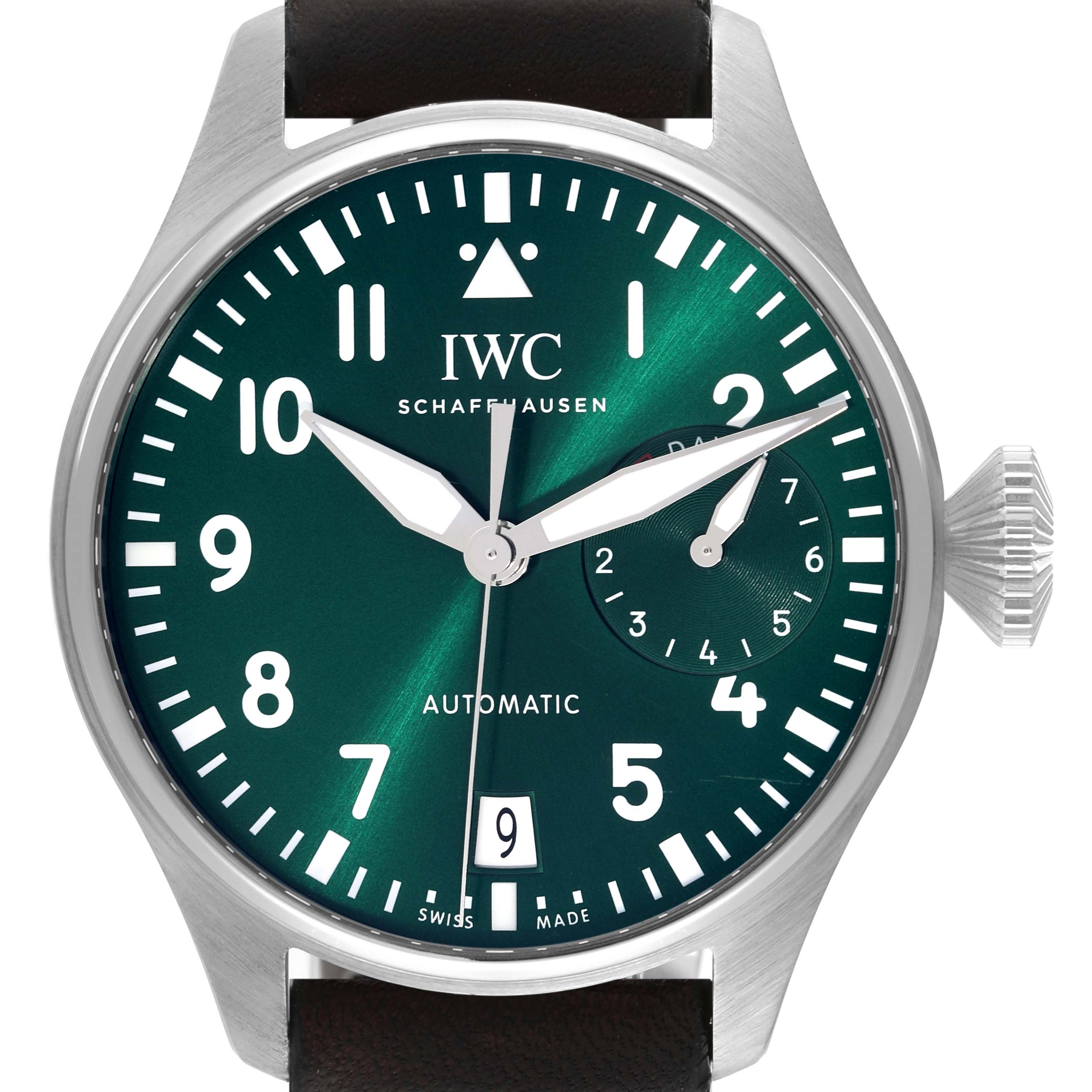 This image shows a front view of the IWC Pilot IW501015 Men's Stainless Steel Green Dial IW501015 Men's Stainless Steel Green Dial watch, highlighting its dial, hands, date window, and crown.
