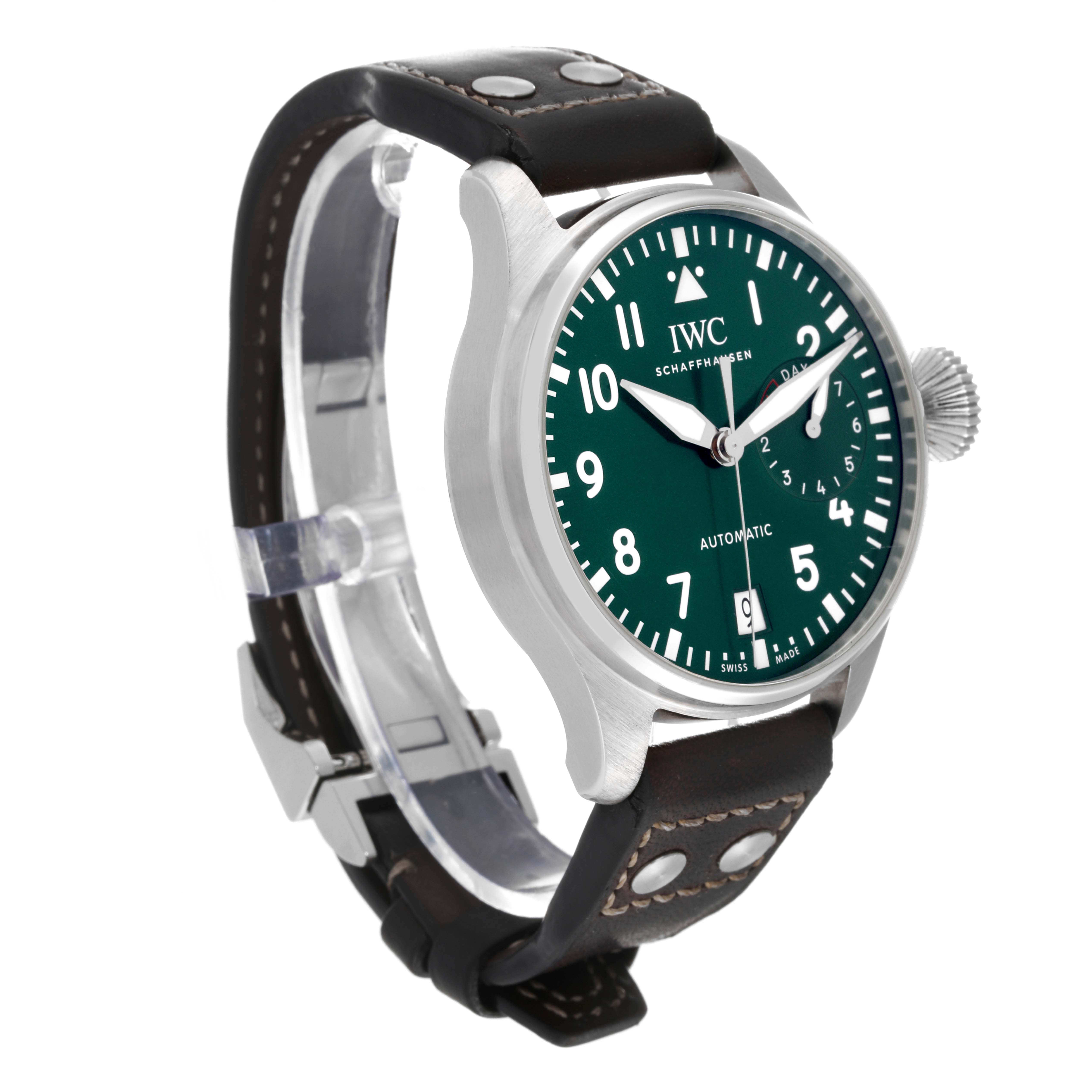 The image shows an IWC Pilot IW501015 Men's Stainless Steel Green Dial IW501015 Men's Stainless Steel Green Dial model watch at a three-quarter angle, highlighting the green dial, crown, and leather strap.