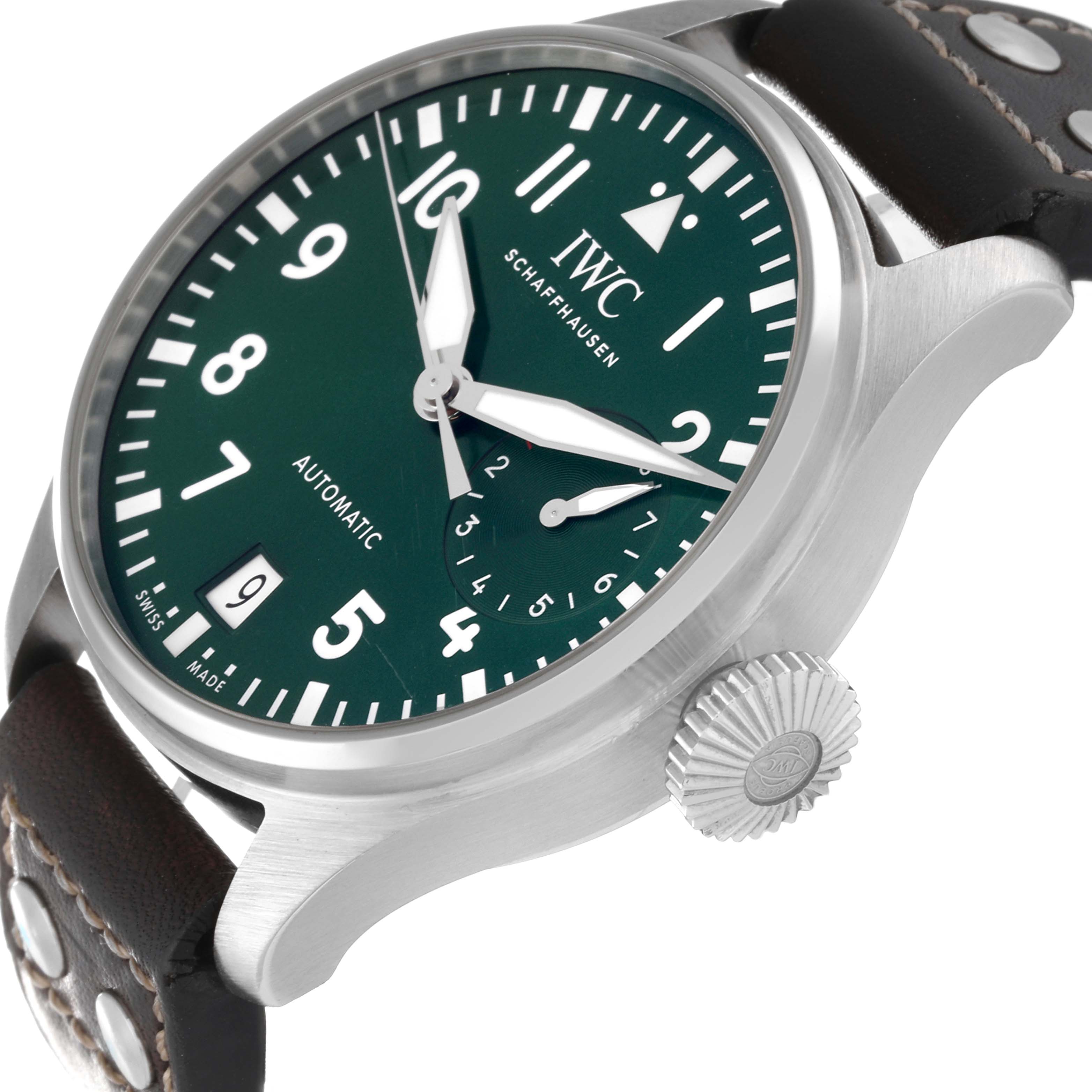 The image shows an angled view of the IWC Pilot IW501015 Men's Stainless Steel Green Dial IW501015 Men's Stainless Steel Green Dial model watch, highlighting its dial, crown, and leather strap.