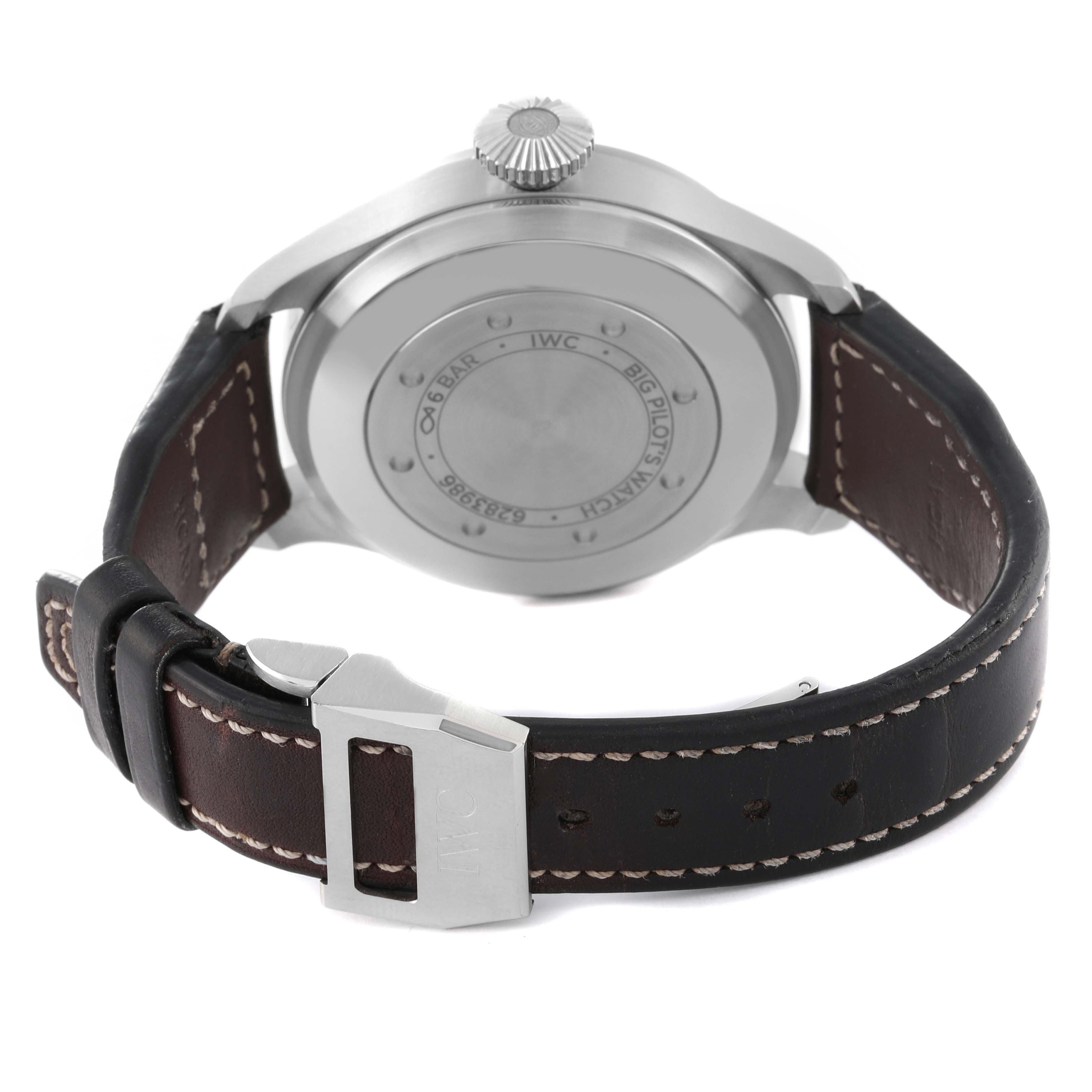 The image shows the back view of an IWC Pilot IW501015 Men's Stainless Steel Green Dial IW501015 Men's Stainless Steel Green Dial watch, highlighting the case back and leather strap with a buckle.