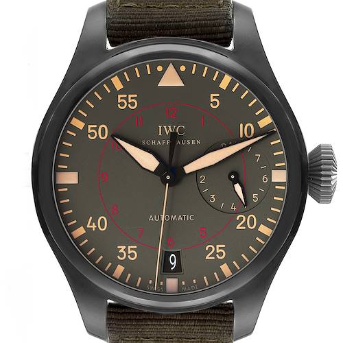 The IWC Pilot model watch is shown from a front angle, highlighting the dial, hands, and date window.