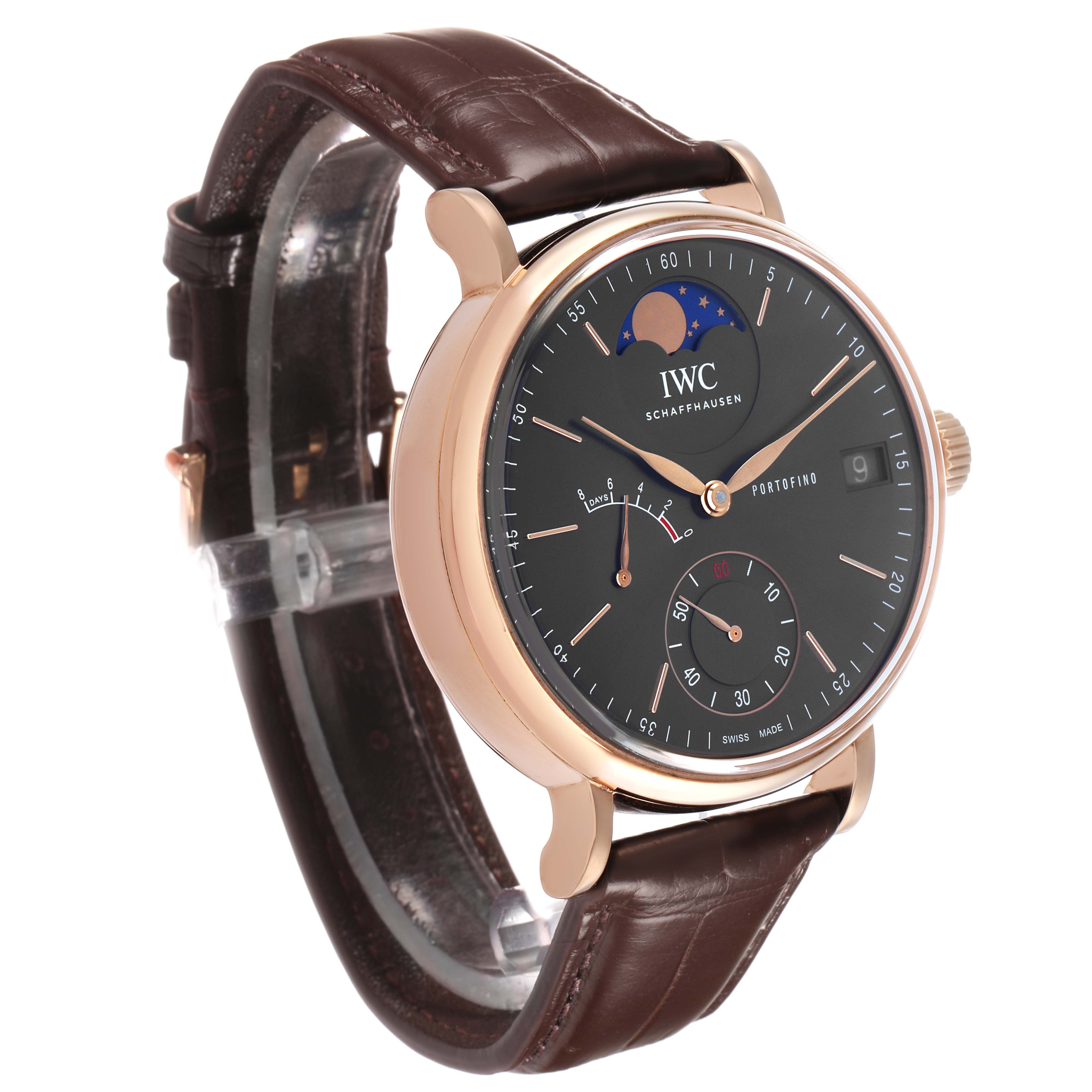 The IWC Portofino IW516403 Men's Rose Gold Grey Dial watch is shown from a front side angle, displaying the dial, case, crown, and leather strap.